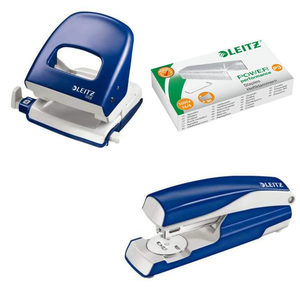 Leitz 5008 NeXXt Series Bürolocher, Metall, bis zu 30 Blatt/Kombi-Set mit Heftgerät + 1000 Klammern extra (blau)