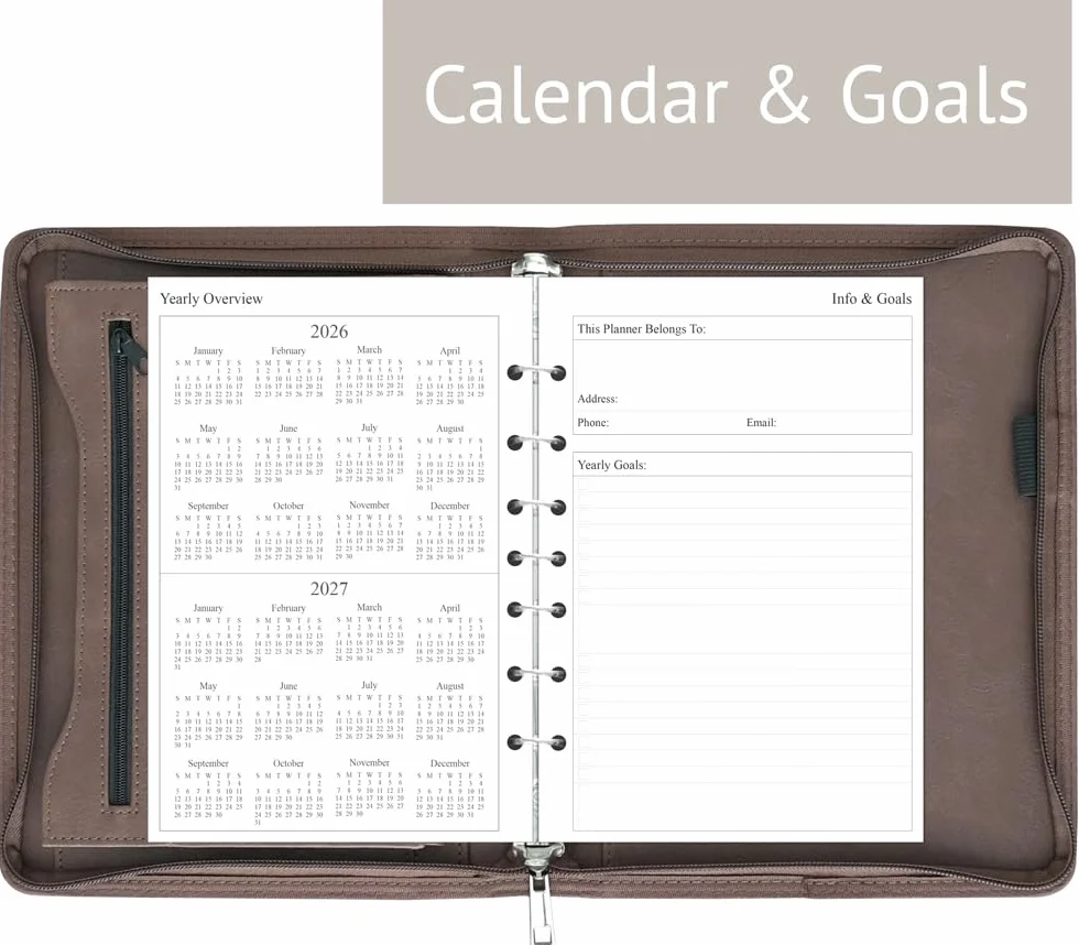 Fan&Ran 2026 Terminplaner mit Reißverschluss, 7-Ring-Mini-Binder mit Wocheneinlagen (Jan – Dezember 2026), Schreibtischgröße, Vintagebraun