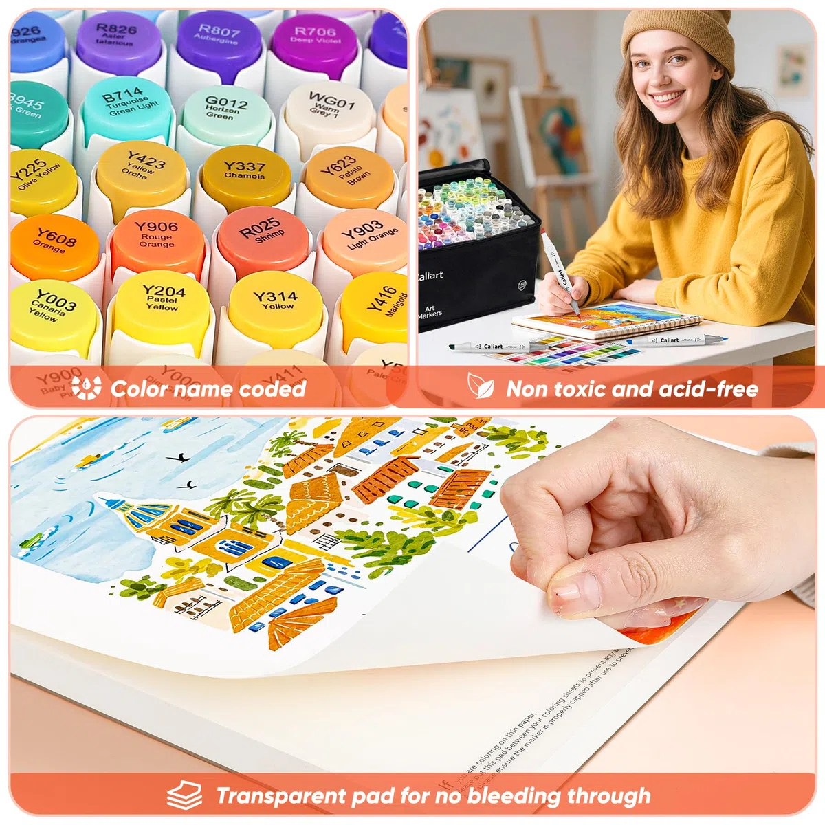 Caliart Marker, 168 Farben, Doppelspitze, Kunstmarker, Skizzenstifte, permanent, auf Alkoholbasis, mit Etui für Erwachsene, Künstler, Zeichnen, Illustrationen, Skizzieren, Ausmalen