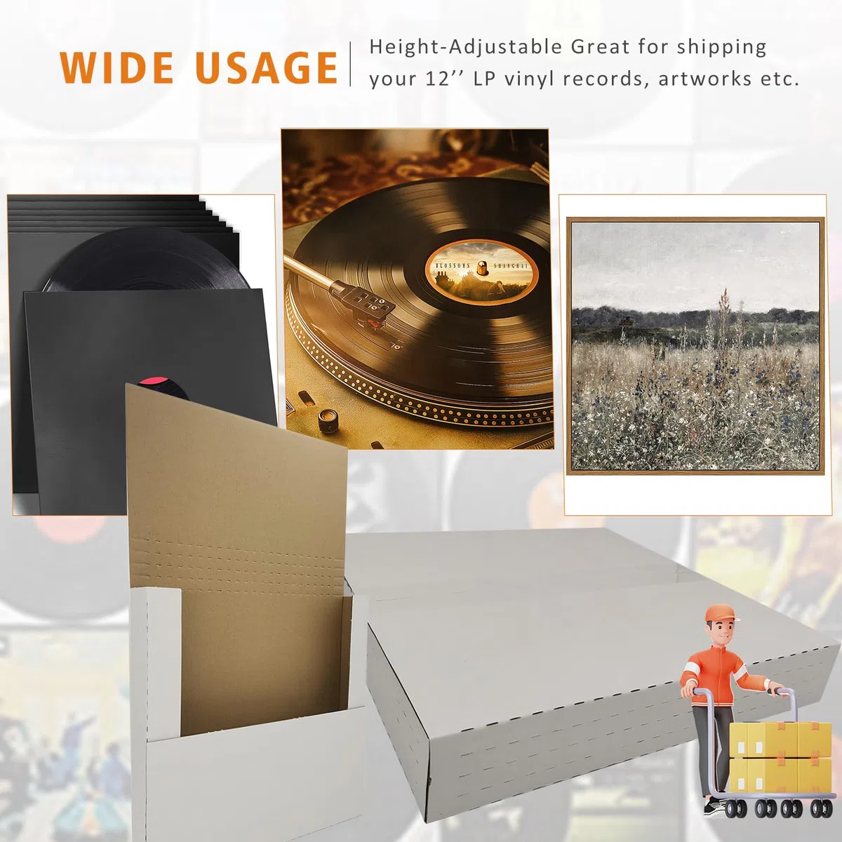 50 Stück Vinyl-Schallplatten-Versandkartons für LP-Alben, 32 x 32 x 5 cm, höhenverstellbar, Wellpappe, leicht faltbar, Weiß (EM1212)