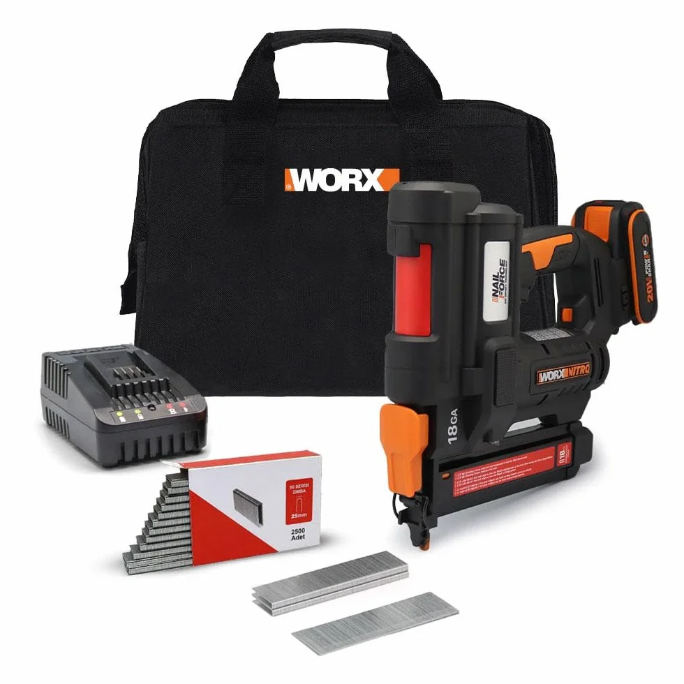 WORX Kabelloser Tacker 20 V WX844, Ladegerät 100 Stück, 18 Ga, Heftklammern 10/40 mm, 2 Schussmodi, Entriegelung ohne Werkzeug, verstellbar, Lieferung mit 1 Akku 2 Ah, Schnellladegerät und 200