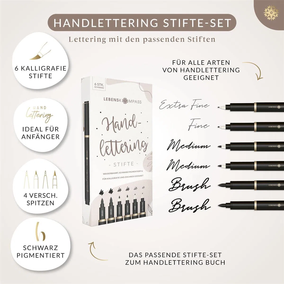 LEBENSKOMPASS Handlettering Starter Set mit Stiften und Buch für Anfänger ”Mindful Lettering” Kalligraphie und Hand Lettering lernen mit Übungsheft und Stiften
