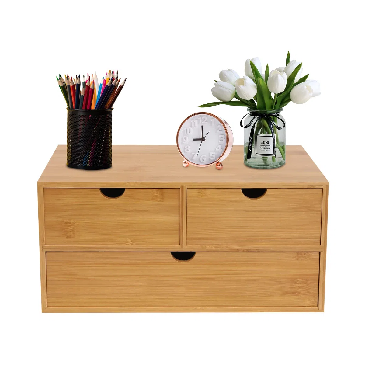 Schreibtisch Organizer aus Holz, Aufbewahrungsbox mit 3 Schubladen, Bambus Schubladenbox Heimarbeitsplatz Bürobedarf, Ordnungssystem für Büro oder Schminktisch, 33x19x16cm