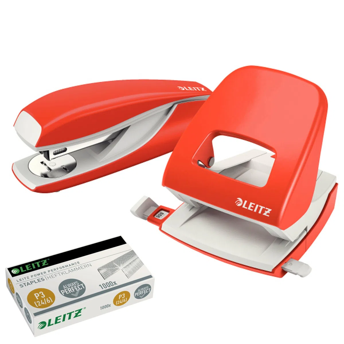 Leitz 5008 NeXXt Series Bürolocher, Metall, bis zu 30 Blatt/Kombi-Set mit Heftgerät + 1000 Klammern extra (hellrot)