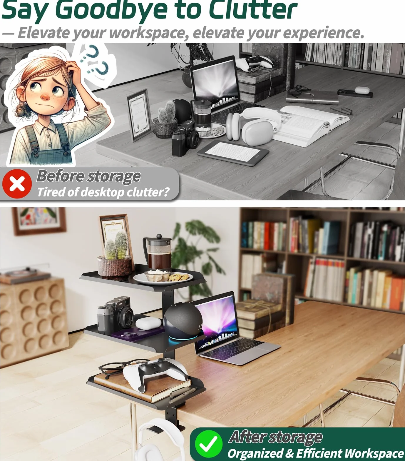 3-stufig Flexibles Klemmregal Schreibtisch Regal über & unter Tisch | Keine Bohrung, 3 Ablagen 28x17,5cm, 1,5-6cm Tischplatte, Edelstahl, Büro/Gaming, TV-Bank, Schreibtisch Erweiterung, seitlich