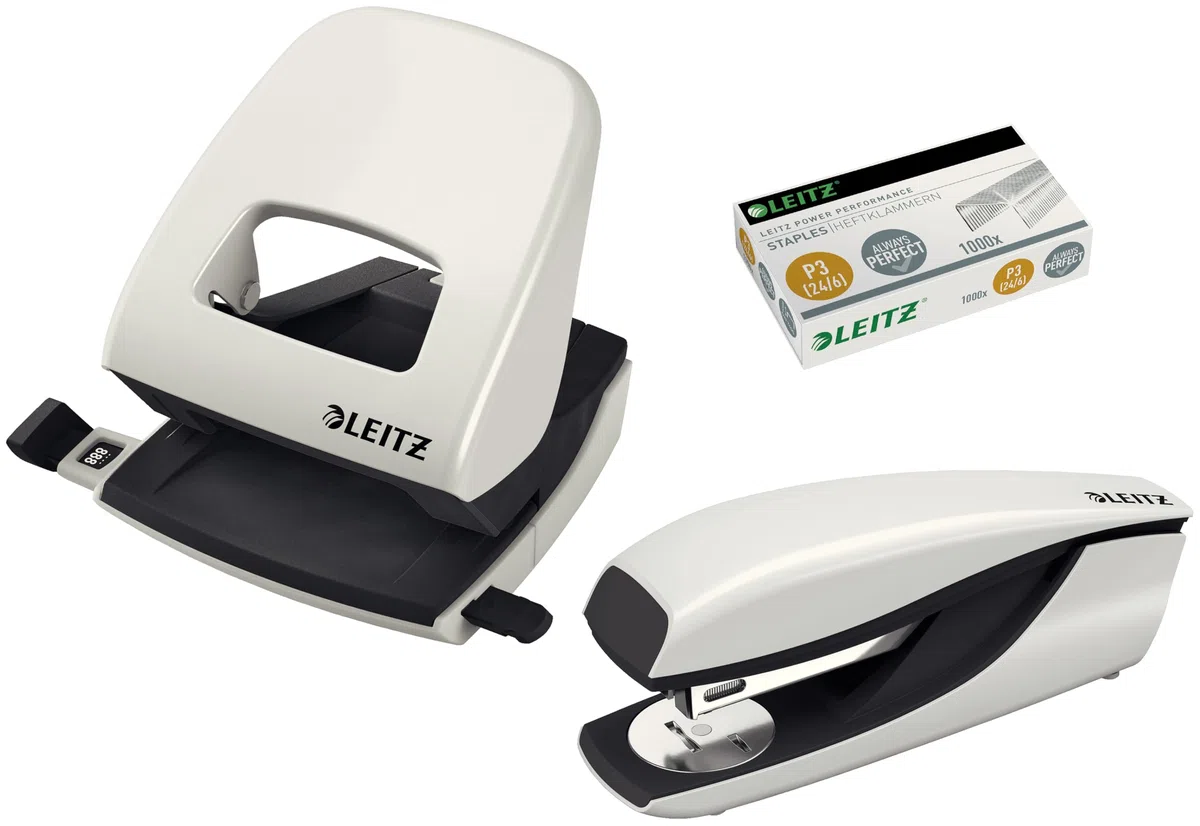 Leitz Büro Locher aus Metall, Für 30 Blatt, Anschlagschiene mit Formatangaben, Die Nummer 1 am Markt, Ergonomisches Design (Grau, Komplett-Set)