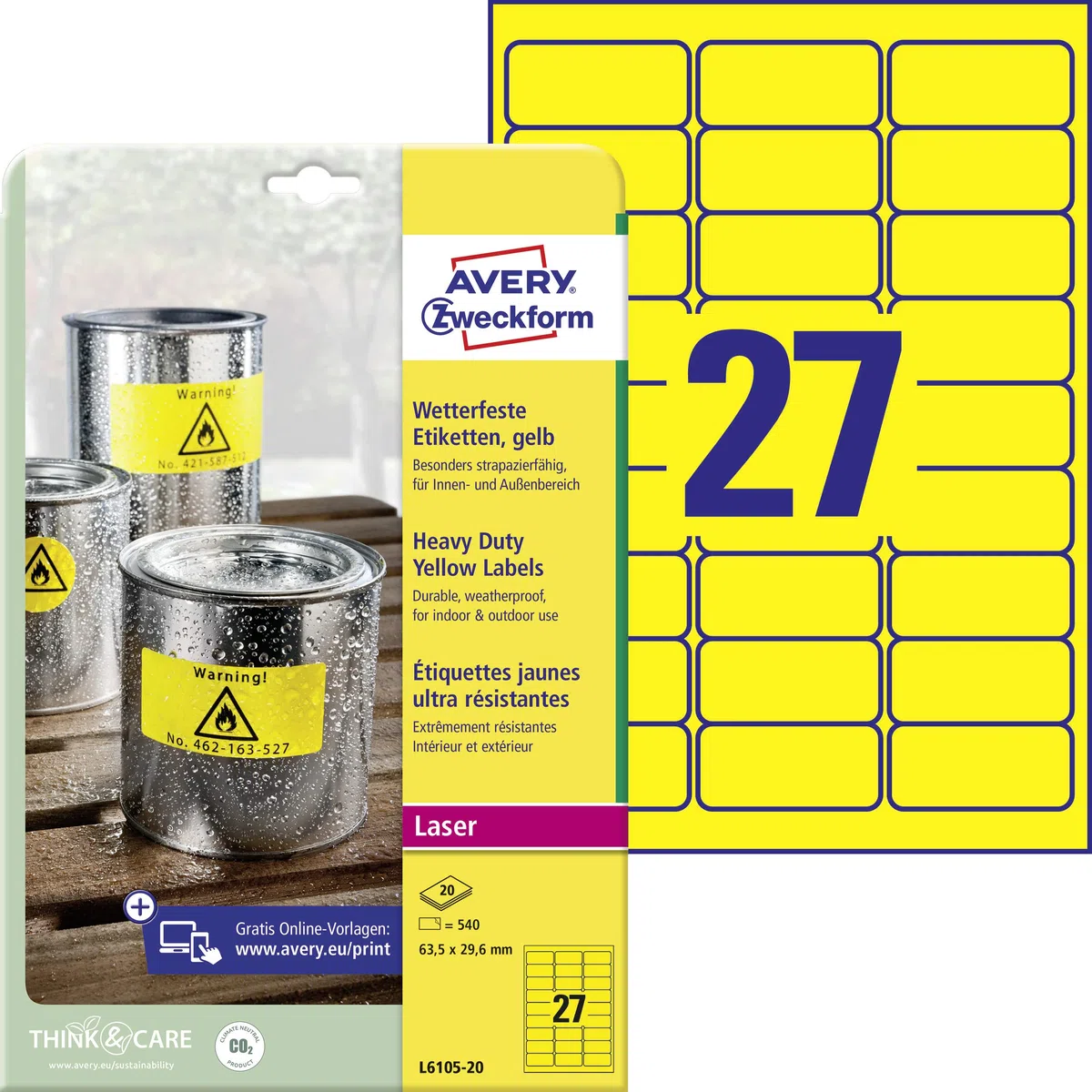 AVERY Zweckform L6105-20 Wetterfeste Folienetiketten (540 Signalaufkleber, 63,5x29,6mm auf A4, extrem stark selbstklebend, wasserfest, strapazierfähig, bedruckbare Outdoor Klebefolie) 20 Blatt, gelb