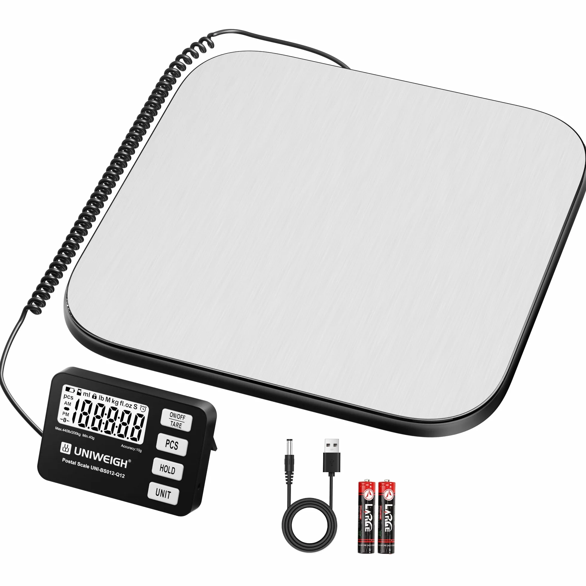 UNIWEIGH Paketwaage 440 lb/0,35 oz Genauigkeit, digitale Briefwaage für Pakete mit PCS/Halte/Tara Funktion, Plattformwaage für kleine Unternehmen, Gepäck, Heimgebrauch, Batterie und USB-A
