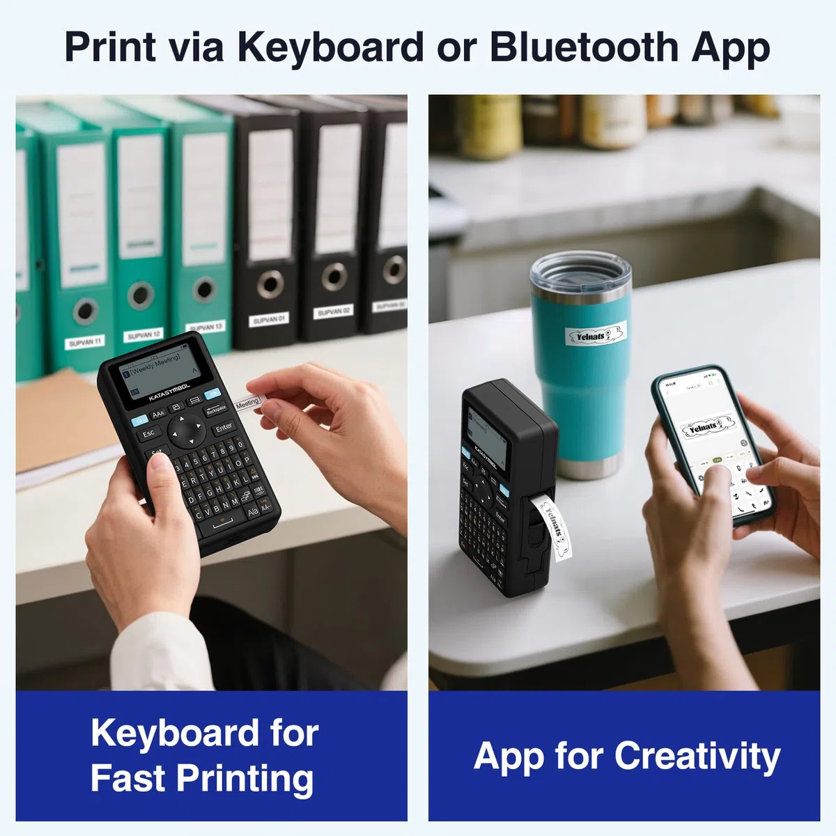SUPVAN E11 Label Printer, English Layout (QWERTY) Keyboard, with 2 Rolls Continuous Labels + 2 Rolls Fixed-Size Labels, Suitable for School, Office & Home
