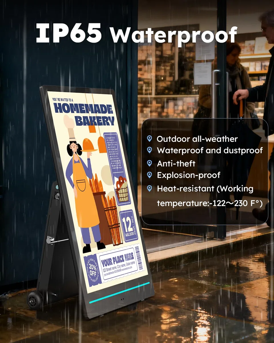 55" Outdoor Digital Customer Stopper, Digital Signage Display with Rechargeable Battery, 2000 Nits High Brightness LCD, IP65 Waterproof Movable Poster Stand with Wheels, für Gastronomie & Retail