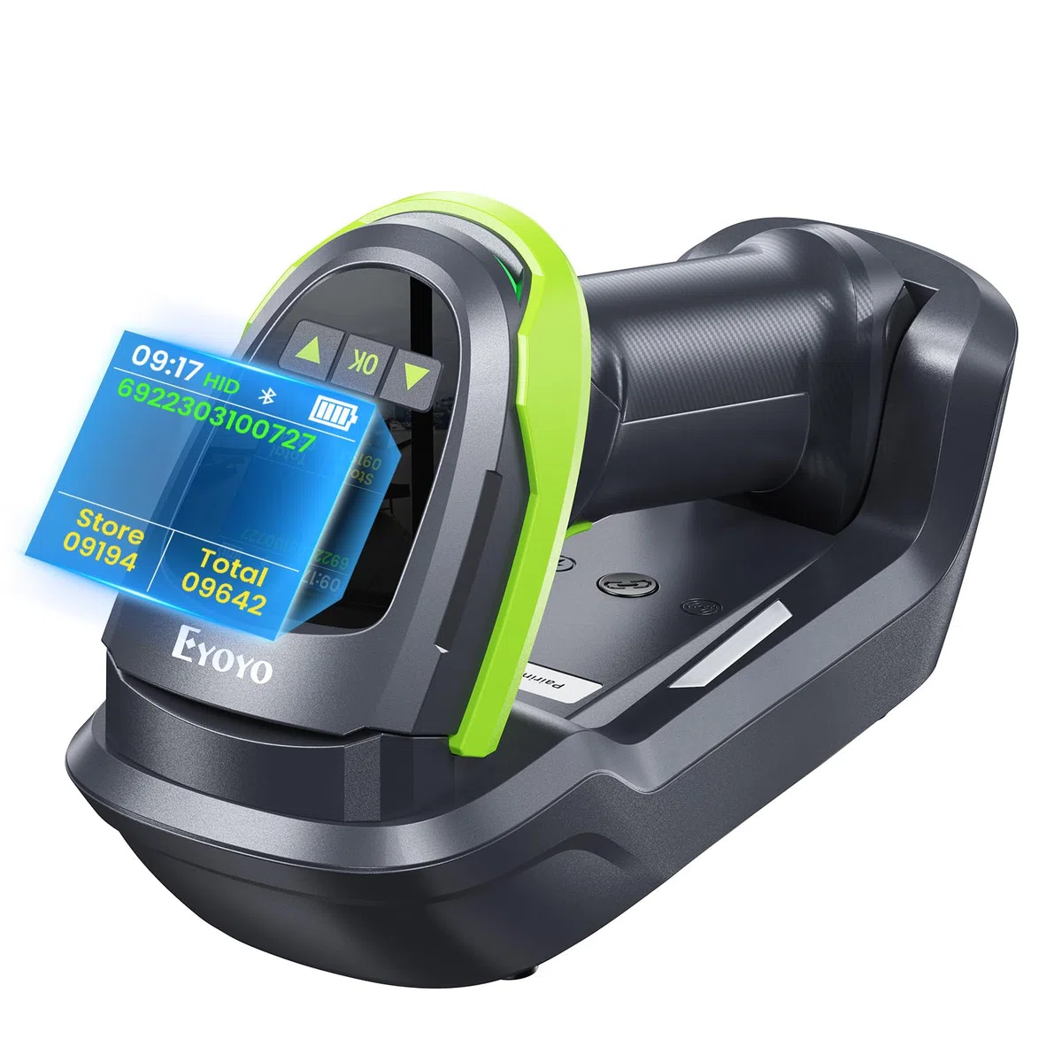 Eyoyo Barcode-Scanner kabellos mit Bildschirm: Pro 1D 2D QR Bluetooth-Scanner, Wandhalterung mit Ladestation und Verriegelung, 2900 mAh austauschbarer Akku, 1,44-Zoll-LCD-Tastatur