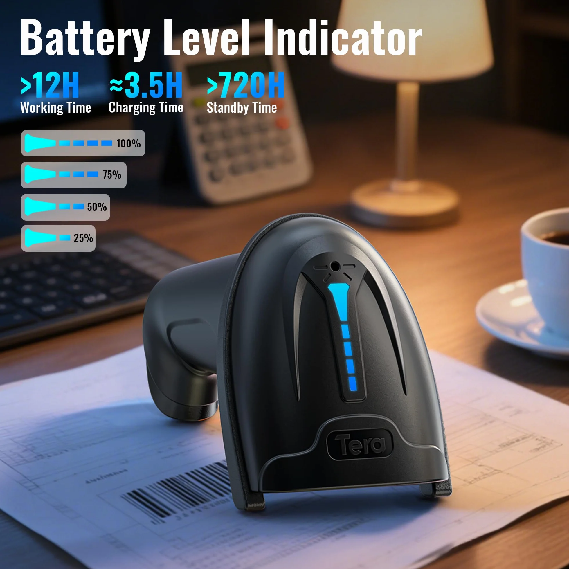 Tera Barcode Scanner 1D 2D QR Wireless Kabellos 2,4 GHz + Wired USB 2,0 Kabelgebunden Handscanner Barcodelesegerät 5 Mil Auflösung 100m Reichweite, Bildschirm-Scannen Unterstützt, D5100