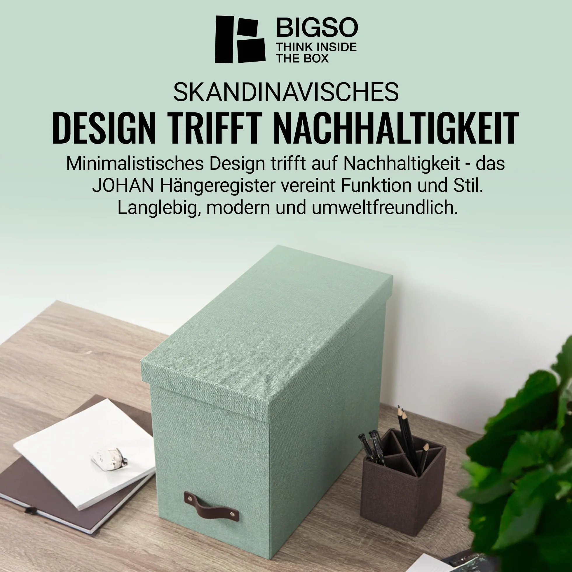 BIGSO JOHAN Hängeregisterbox A4 – Hängemappenbox mit Deckel und Griff – Schreibtischablage für Hängemappen & Dokumente – Aufbewahrungsbox aus recycelter Faserplatte und Papier – mintgrün