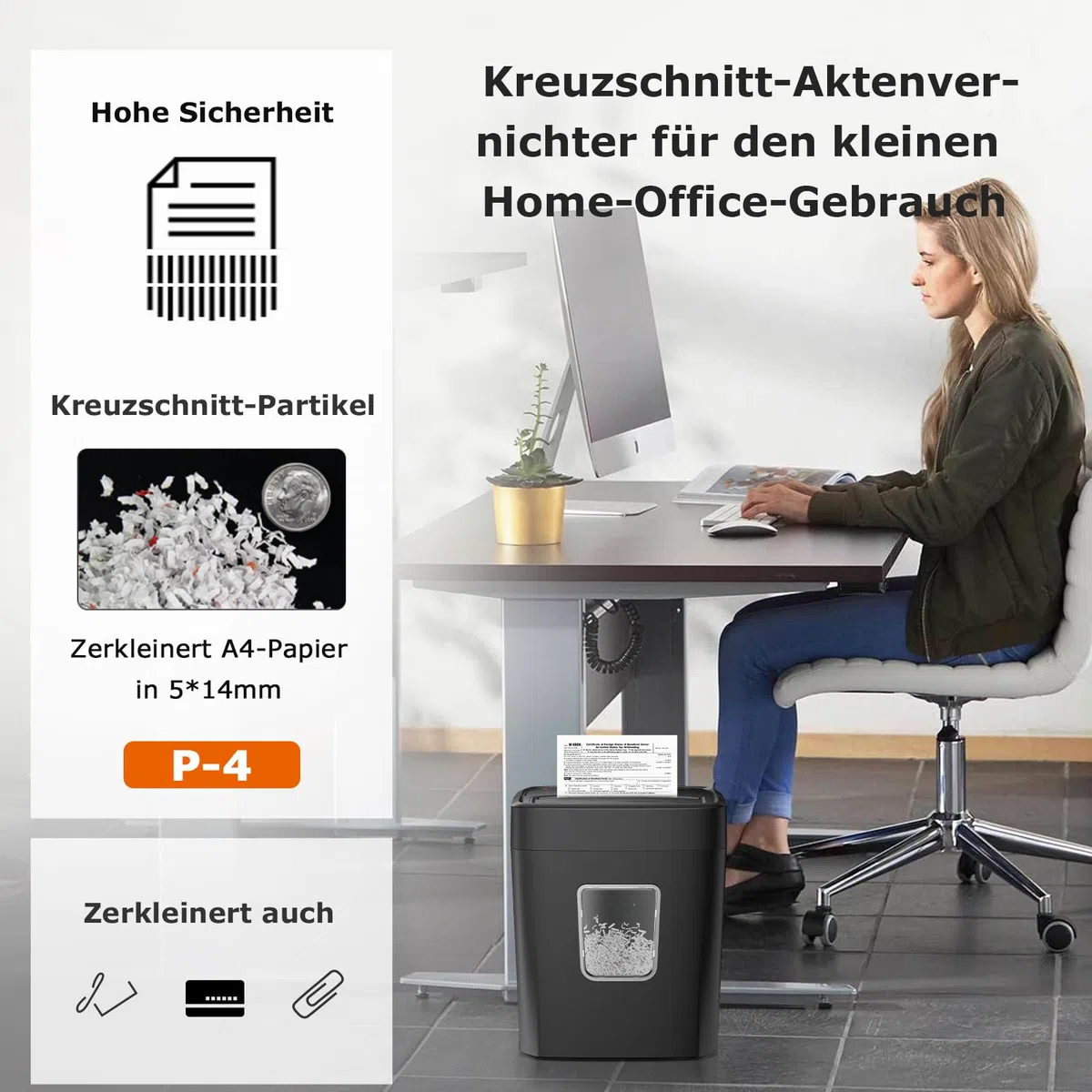 Bonsaii Aktenvernichter für 8 Blatt Kreuzschnitt, Papier Schredder Geräte P4, Schredder mit Tragbarer Handgriff & 16L Papierkorb, für Kreditkarten/Büroklammern, für Home office(C261-C)