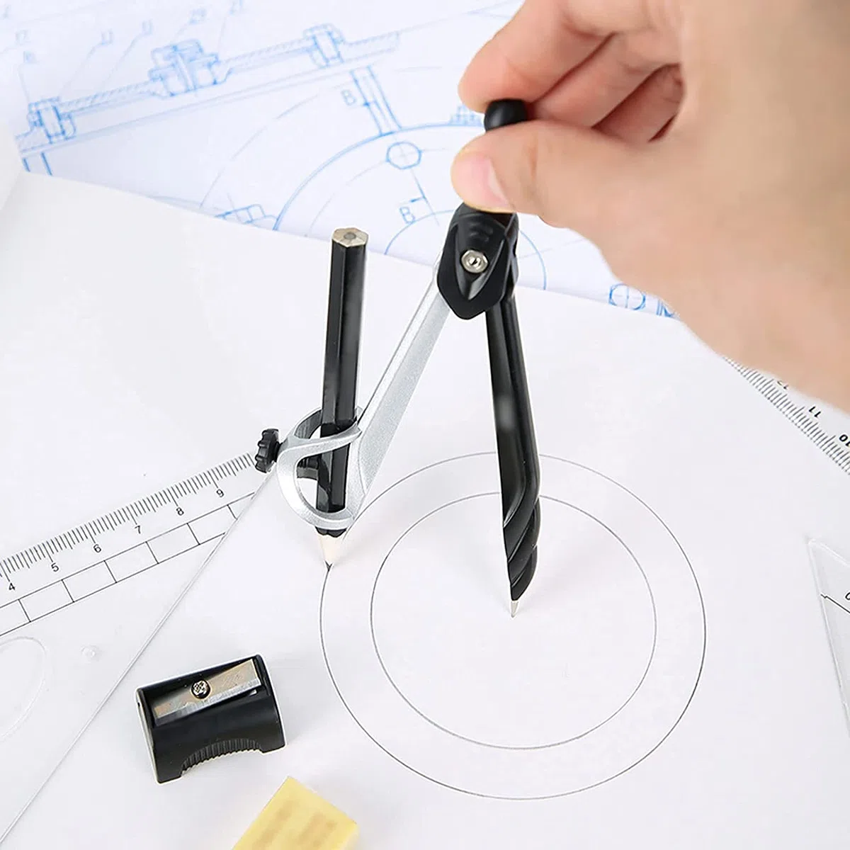Mathe-Kompass, 7-teiliges Winkelmesser- und Zirkel-Set, Kompass für Geometrie, Mathe-Kompass, Kompass für die Schule mit Aufbewahrungsbox, schwarzer Kompass für Geometrie