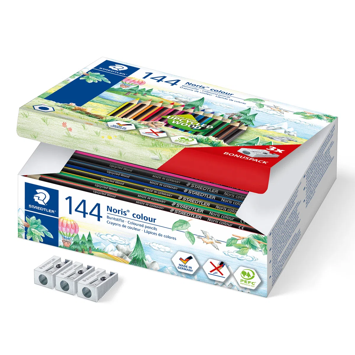 STAEDTLER Buntstifte Noris colour, rutschfeste Soft-Oberfläche, hohe Bruchfestigkeit, Made from Upcycled Wood, Sechskantformat, Set mit 144 Stiften in 12 intensiven Farben und 3 Spitzer, 185 C144