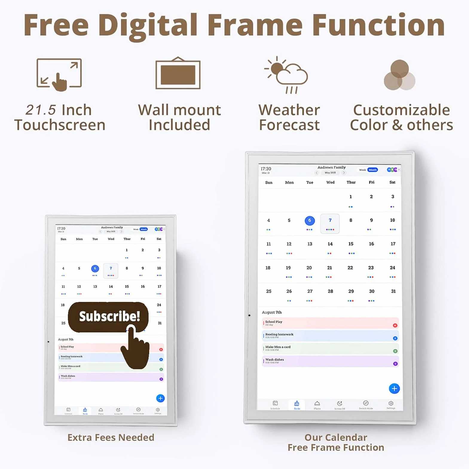 Bewinner 21,5-Zoll-Smart-Digitalkalender mit Touchscreen, Familienplaner und Aufgabentabelle, 1920 X 1080p Digitaler Bilderrahmen für Schreibtisch- oder Wandmontage, ß (EU-Stecker 100–240 V)