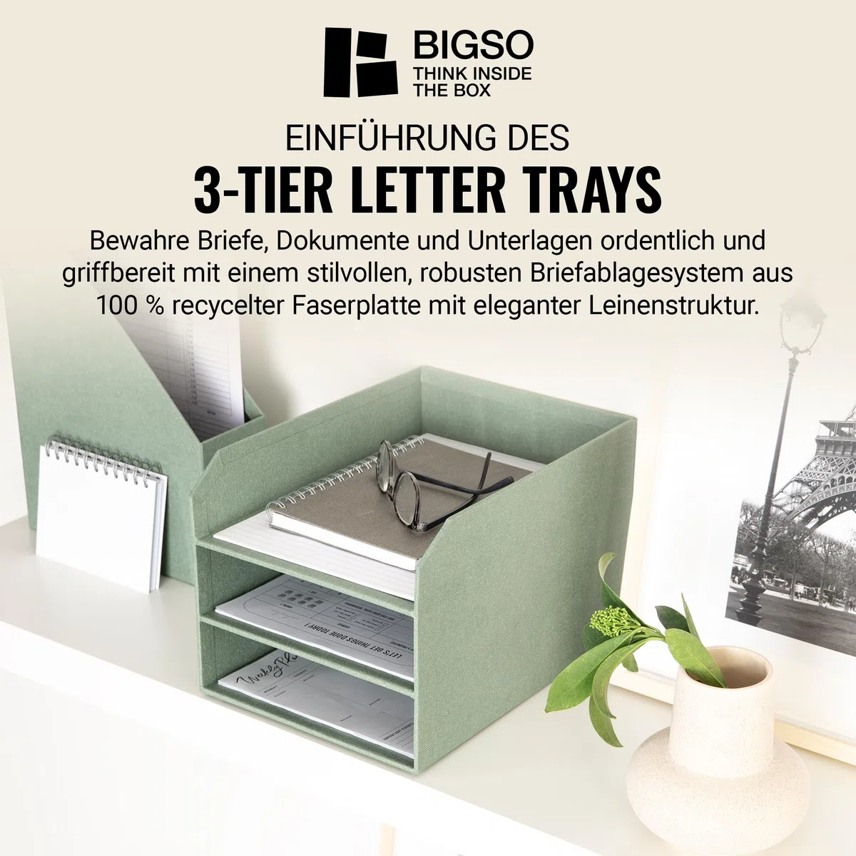 BIGSO Trey 3-stufige Briefablage – praktische Ablagefläche für Briefe, Dokumente in DIN A4-Format – Ordnungssystem aus Faserplatte mit Papier in Leinenoptik – mintgrün