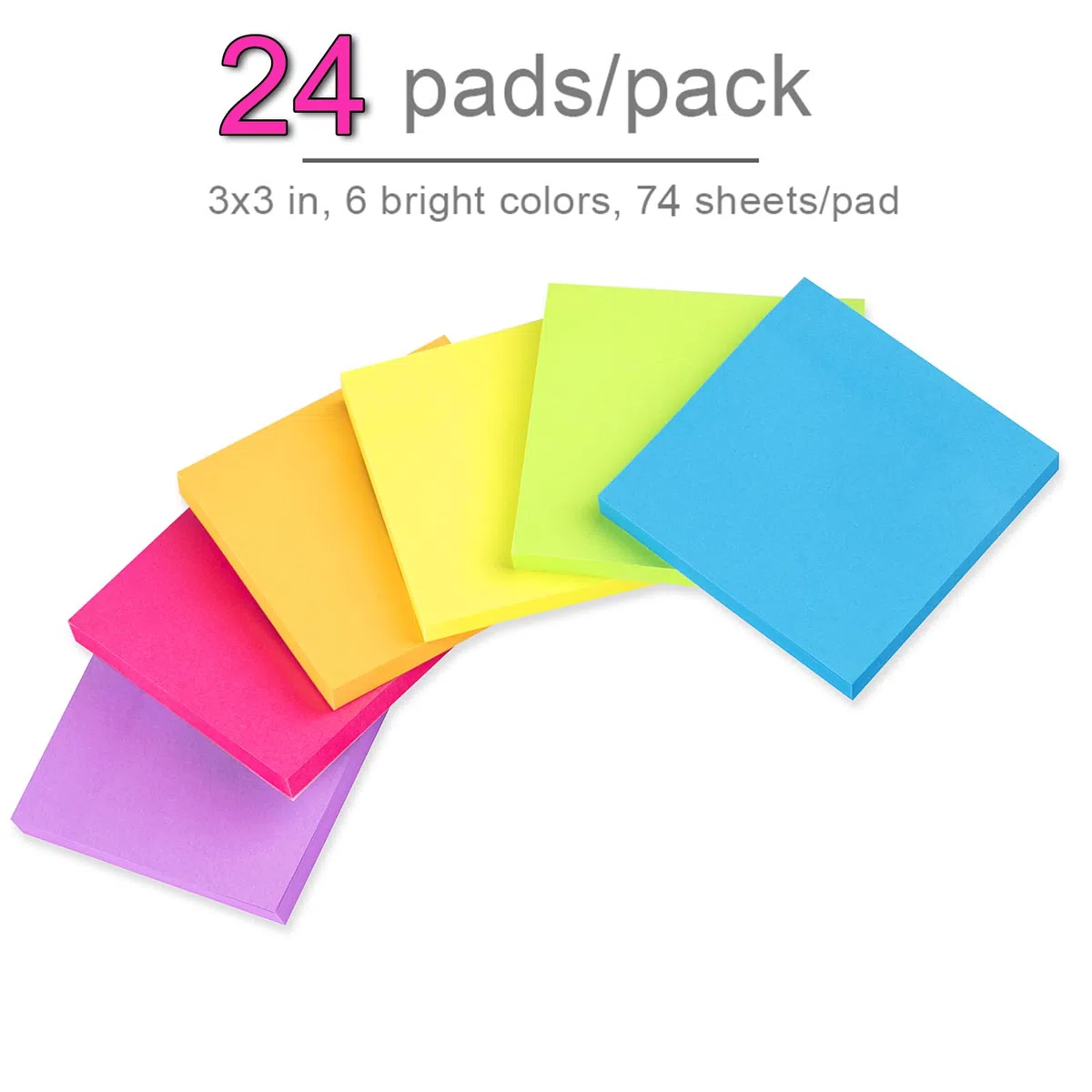 Helle, bunte, helle Haftnotizen 7,6 x 7,6 cm, stark klebend, 74 Blatt/Block (24er-Pack)