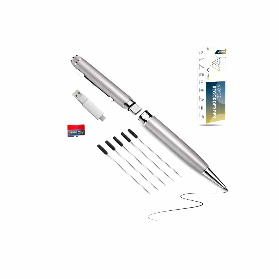 VOLTEK 2025 Audio-Sprachaufzeichnungsstift Pen 64 GB – USB 3.0 Typ-C – Sprachdiktiergerät für Meetings, Konferenzen, Journalisten, inklusive (Silber)