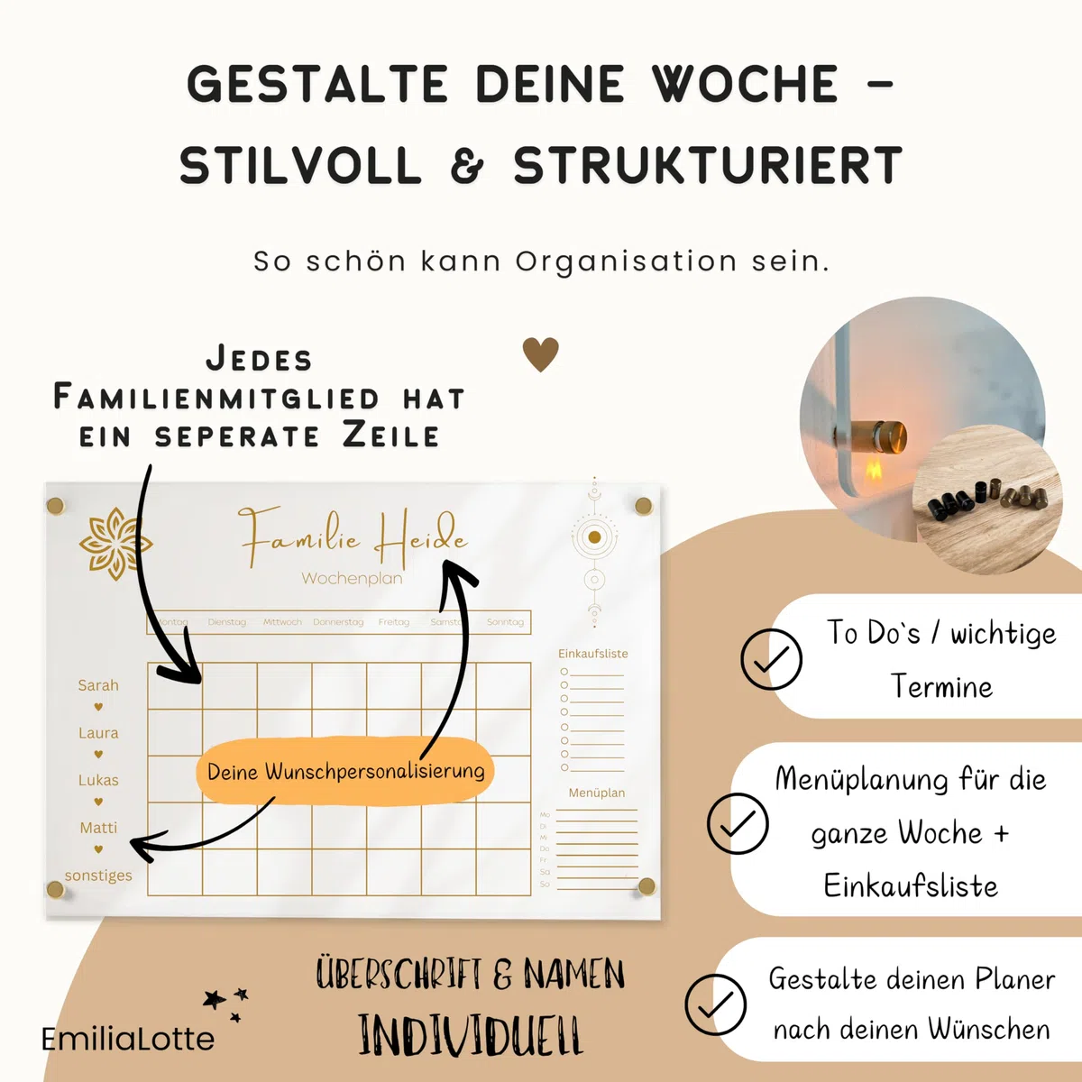 EmiliaLotte Personalisierter Familienplaner aus hochwertigem Acryl I Abwischbarer Wand Kalender für die ganze Familie I Wiederverwendbarer Wochenplaner mit Einkaufsliste, Menüplan & Mehr - Esoterik