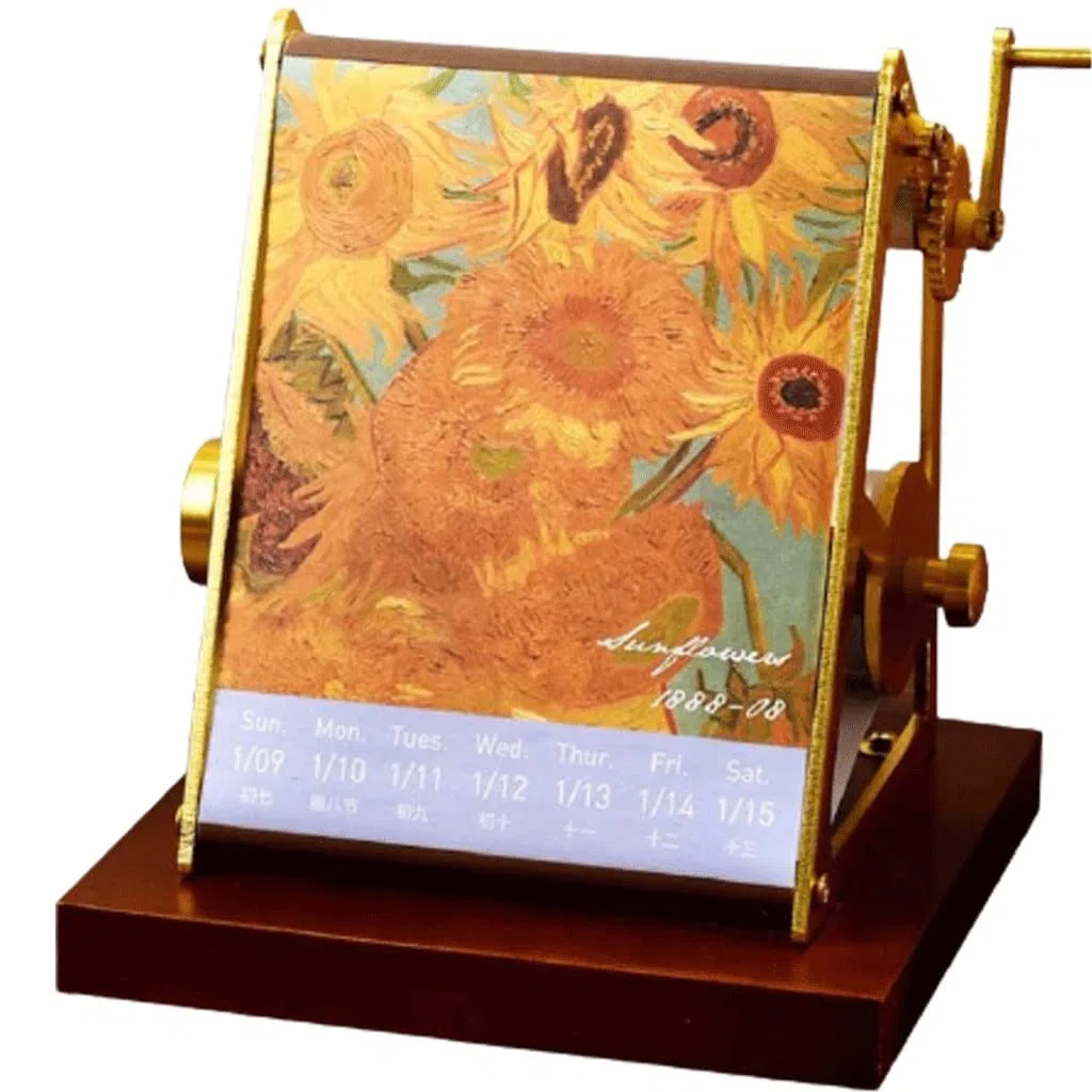 ZQDMYT Ölgemälde-Tischkalender 2022,5.2"x5.3 x4.4, handgekrankter mechanischer Drehkalender mit Massivholzbasis, kreatives Geschenk