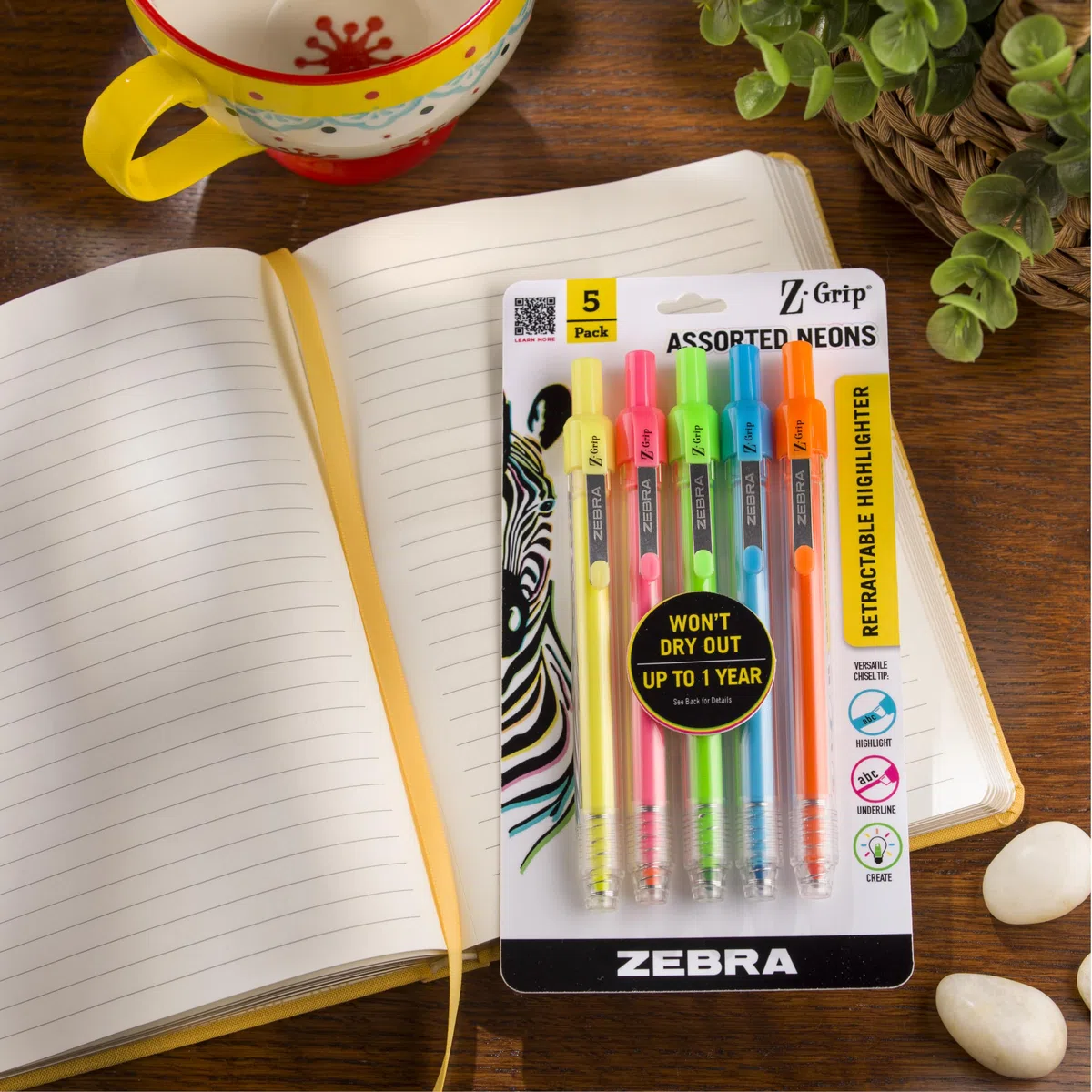Zebra Pen Z-Grip Textmarker-Set, einziehbar, Keilspitze, verschiedene Neonfarben, 5 Stück