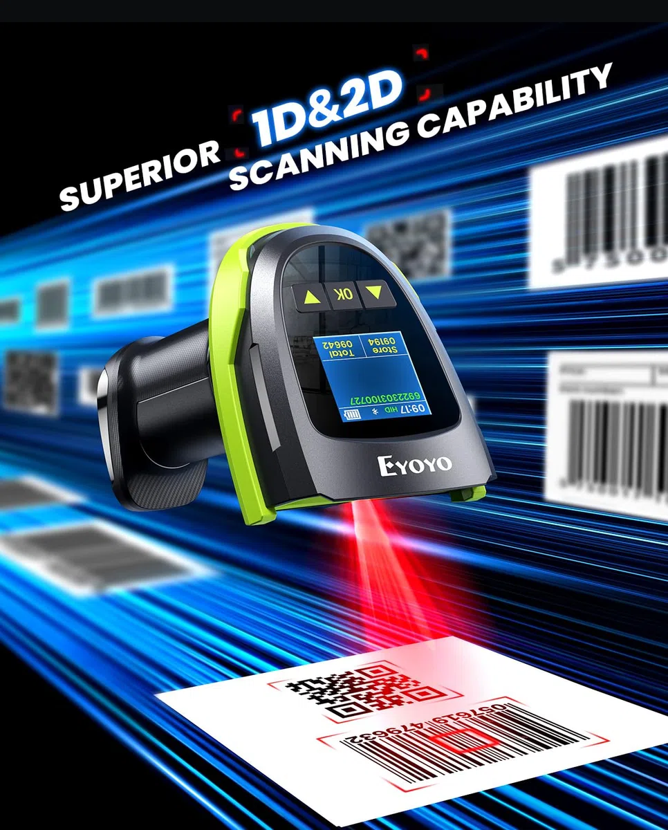 Eyoyo Barcode-Scanner kabellos mit Bildschirm: Pro 1D 2D QR Bluetooth-Scanner, Wandhalterung mit Ladestation und Verriegelung, 2900 mAh austauschbarer Akku, 1,44-Zoll-LCD-Tastatur