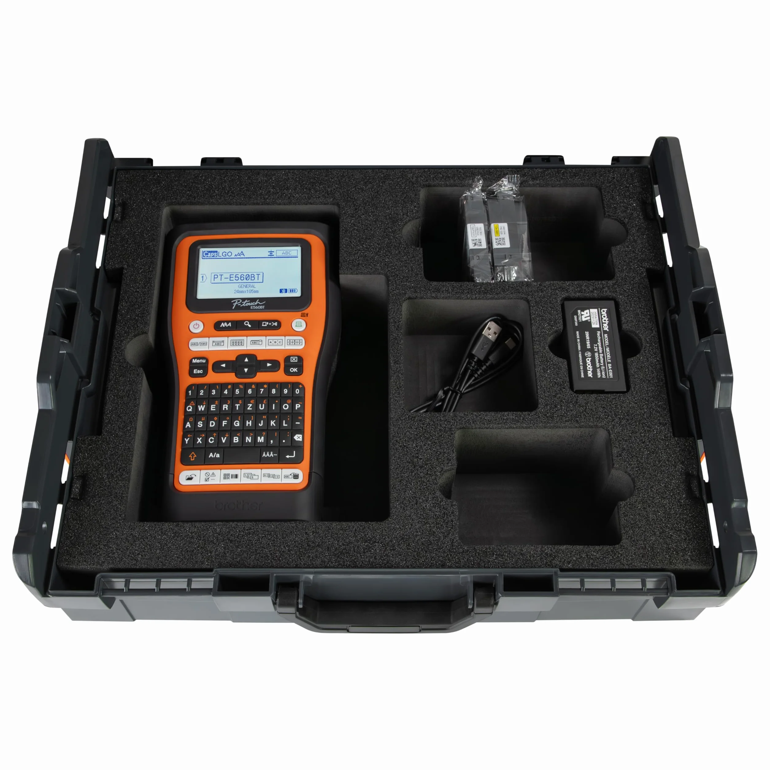 Brother PT-E560BT Beschriftungsgerät | Bluetooth und USB-Typ C, Li-Ion Akku, 2 Pro Tape Schriftbänder, L-BOXX 136 Systemkoffer mit Schaumstoffeinlage