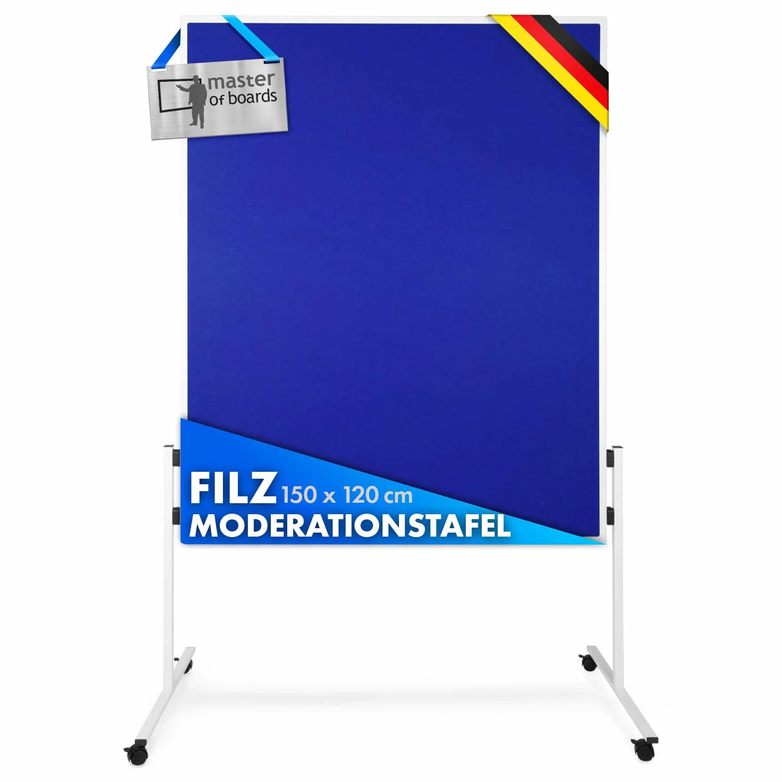 Floordirekt Filz Moderationstafel Metaplanwand mit feststellbaren Rollen | Filztafel Pinnwand | Moderationswand Doppelseitig nutzbar - Stabiler Metallrahmen (150 x 120 cm, Blau)