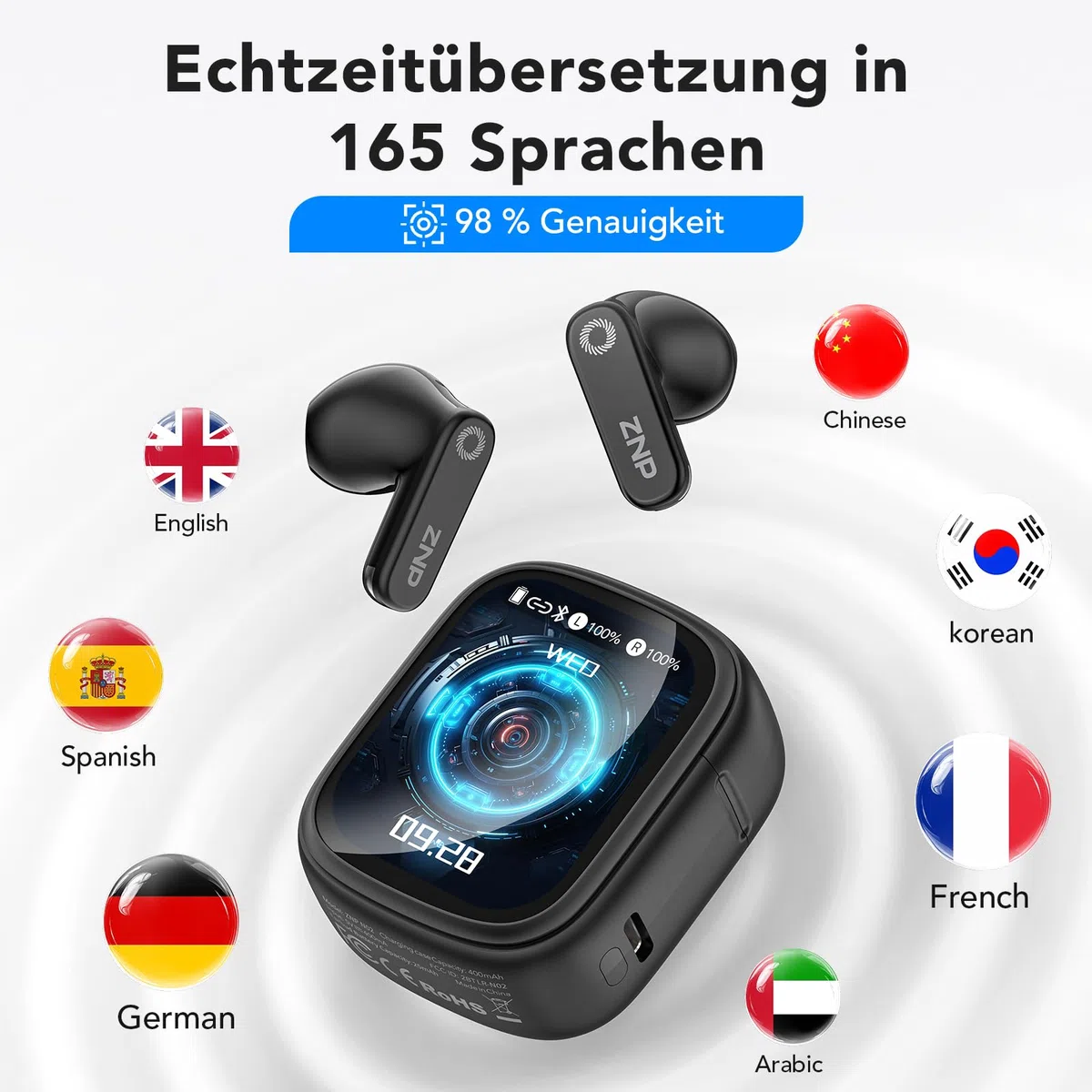 N02 KI-Übersetzer-Kopfhörer mit LCD-Touchscreen, 165 Sprachen & 9 Modi, 48 h Akkulaufzeit, Bluetooth 6.0 Sprachübersetzer-Kopfhörer mit App, Übersetzer-Ohrhörer mit HiFi-Sound, ideal für Reisen.