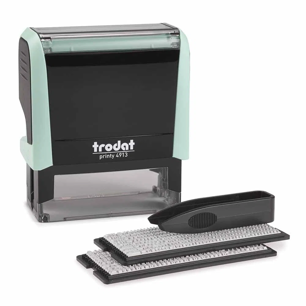 Trodat Printy 4913 Typomatic, Textstempel zum Selbersetzen pastellgrün | Abdruck 57x21 mm, Abdruck schwarz, selbstfärbend, dokumentenecht, inkl. 2 Zeichensets in 3 und 4 mm Schrifthöhe und Pinzette