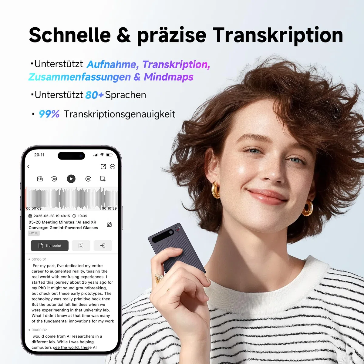 KI Digitales Diktiergerät 64GB, mit Transkribieren und Zusammenfassen | One-Touch-Aufnahme, 80+ Sprachen Übersetzung, Voice Recorder Für Meetings/Interviews/Klassen/Telefonate (mit schwarzer Hülle)