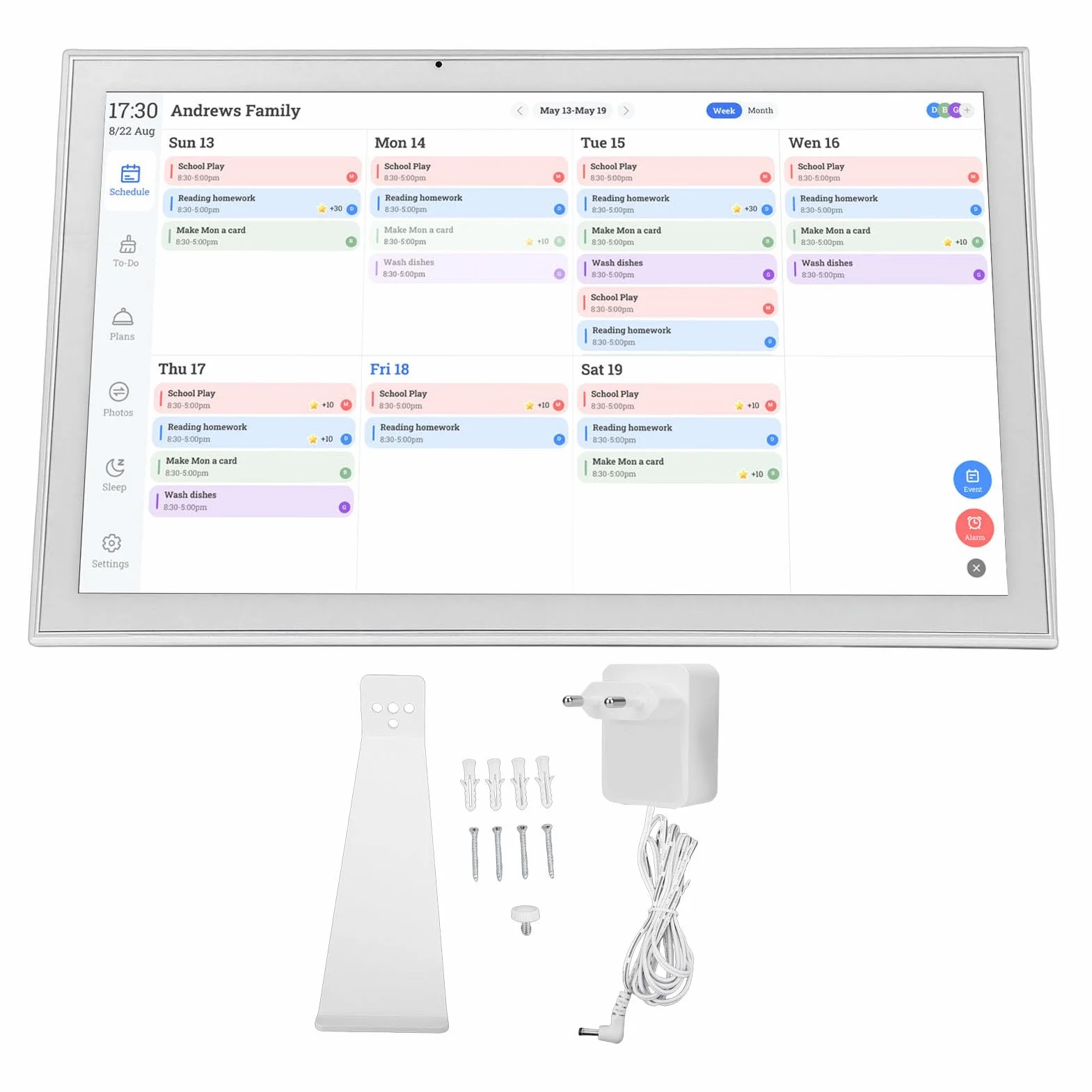 Topiky Elektronischer 21,5-Zoll-Touchscreen-Kalender, Digitaler Familienplaner 1920 X 1080P, Digitaler AI-Porträt-Fotorahmen mit Aufgabentabelle, Tisch- oder Wandmontage in ß (EU-Stecker 100–240