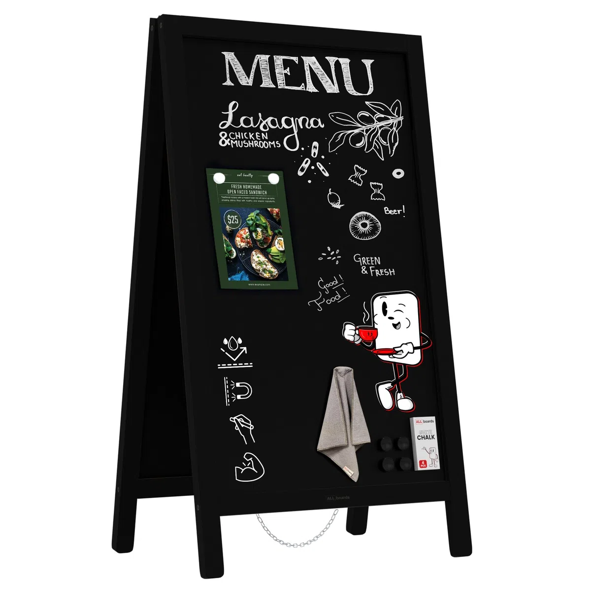 ALLboards Magnetischer Kundenstopper mit Kreideoberfläche, wasserfest 80x45 cm, SCHWARZ