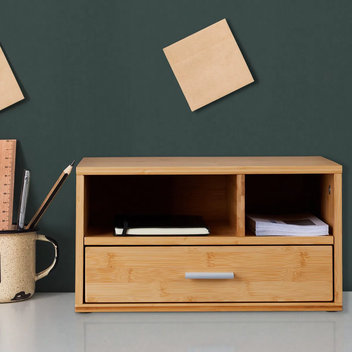 Relaxdays Schreibtisch Organizer, 1 Schublade, 2 Fächer, HxBxT: 22 x 40 x 31 cm, Bambus, Tisch-Organizer für Büro, Natur