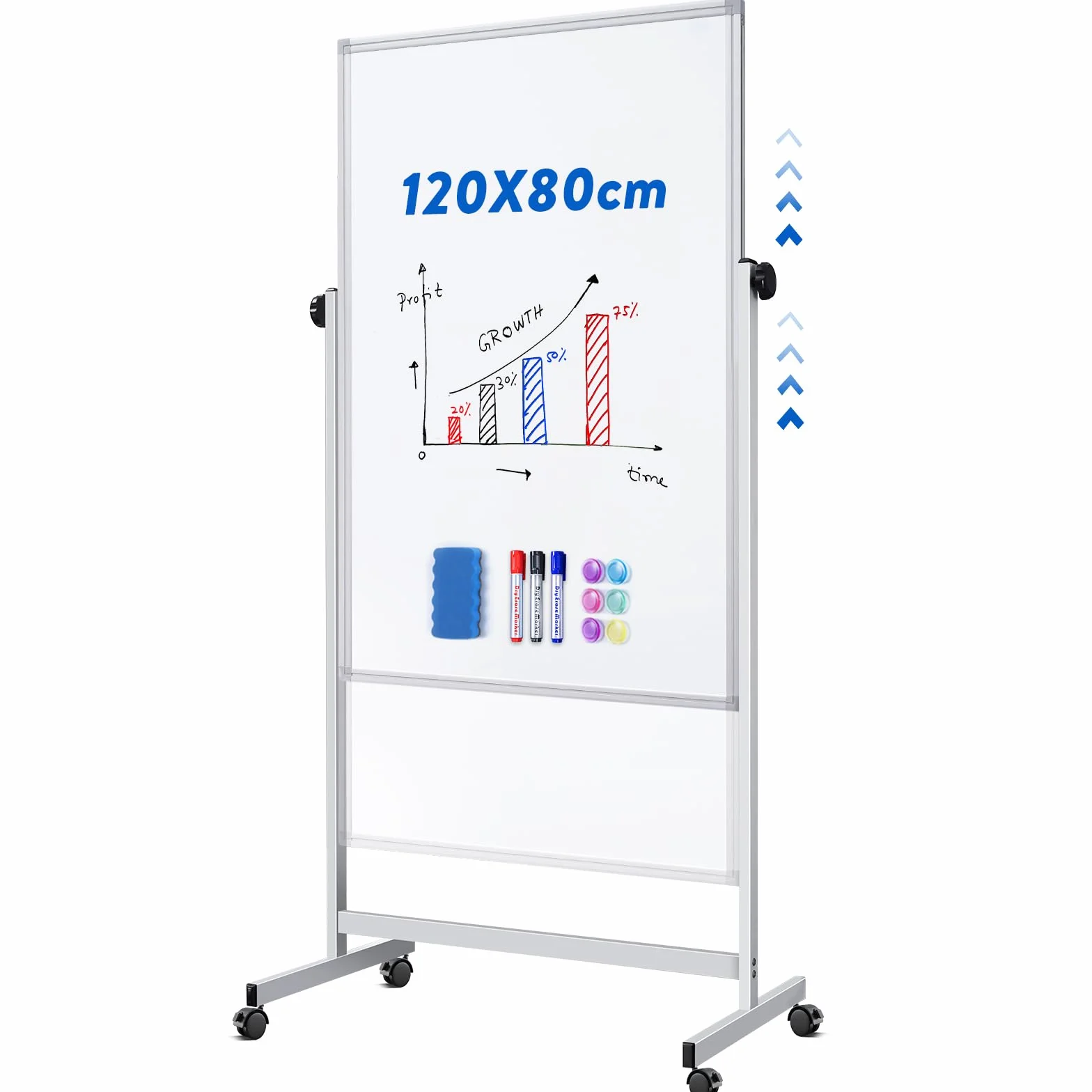 maxtek Höhenverstellbar Mobiles Whiteboard 120 x 80 cm, Doppelseitiges Magnetisches Whiteboard mit Ständer, Trocken Abwischbar für Büro, Klassenzimmer und Zuhause