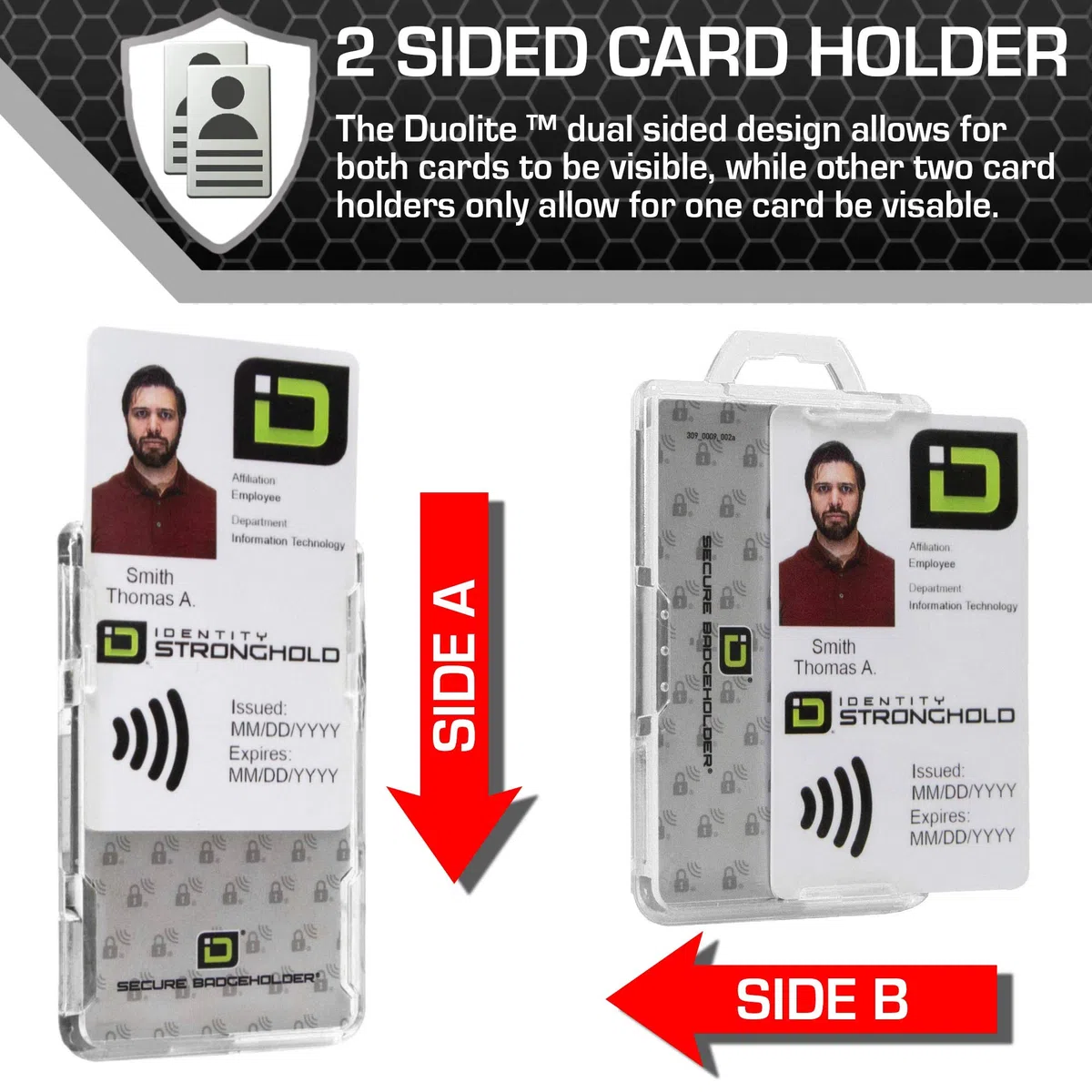 ID Stronghold Duolite Ausweishalter für 2 Ausweise, RFID-blockierend, Polycarbonat, robuster Hartplastik-Ausweishalter, geformt und montiert in den USA (transparent, 100)