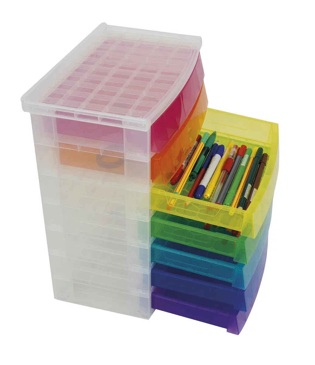 TimeTEX - Schubladen-Box Regenbogen | Schubladen-Box in 7 Farben, ideal für die Organisation und als Hingucker auf dem Schreibtisch. Aus 100% recycelbarem Polypropylen | Inhalt: 7 Schubladen