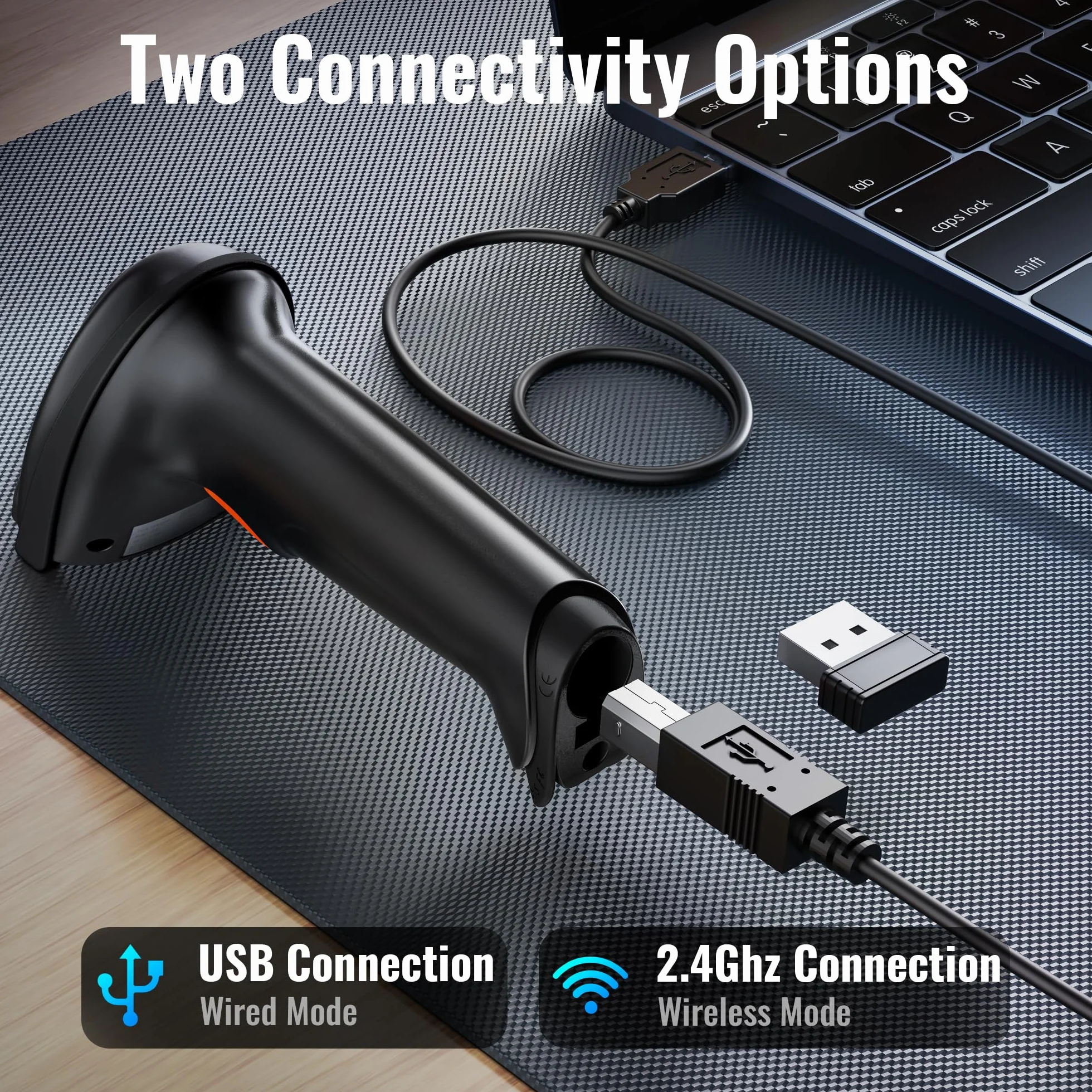 Tera Barcode Scanner 1D 2D QR Wireless Kabellos 2,4 GHz + Wired USB 2,0 Kabelgebunden Handscanner Barcodelesegerät 5 Mil Auflösung 100m Reichweite, Bildschirm-Scannen Unterstützt, D5100