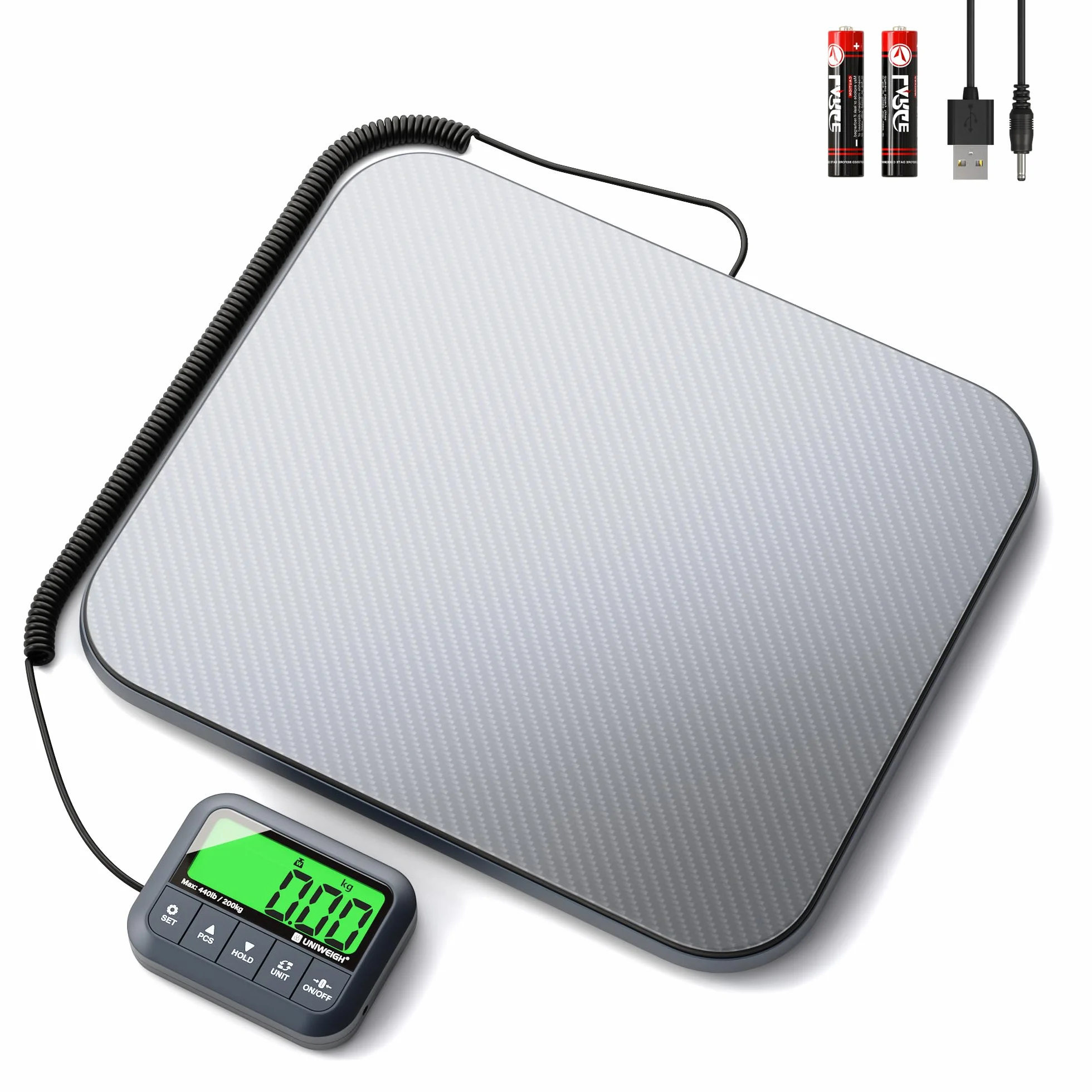 UNIWEIGH Digitale Paketwaage 440lb,Hochpräzise 0,35oz Postwaage für Pakete mit Halten/Tarieren/Zählen,Kommerzielle Paketwaage für Kleinunternehmen,Portowaage für Versandpakete/Gepäck,Grau
