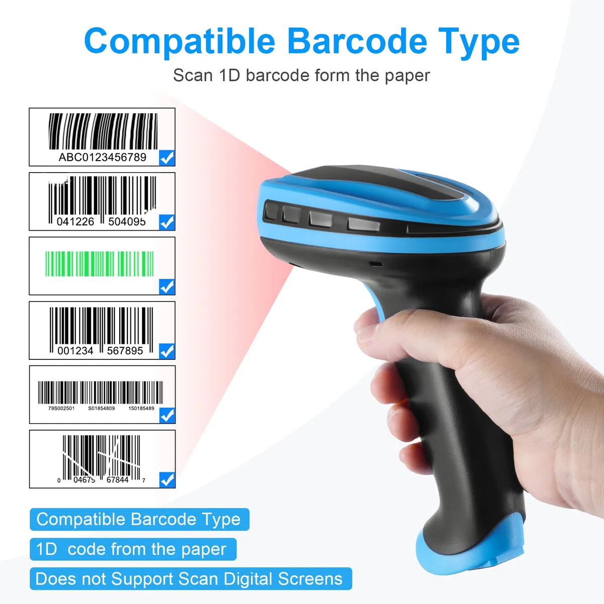 Barcode Scanner Wireless, Wiederaufladbare 1D Laser Kabelloser Scanner, Handscanner Kabellos Vielseitig 2 in 1 2.4Ghz und USB 2.0
