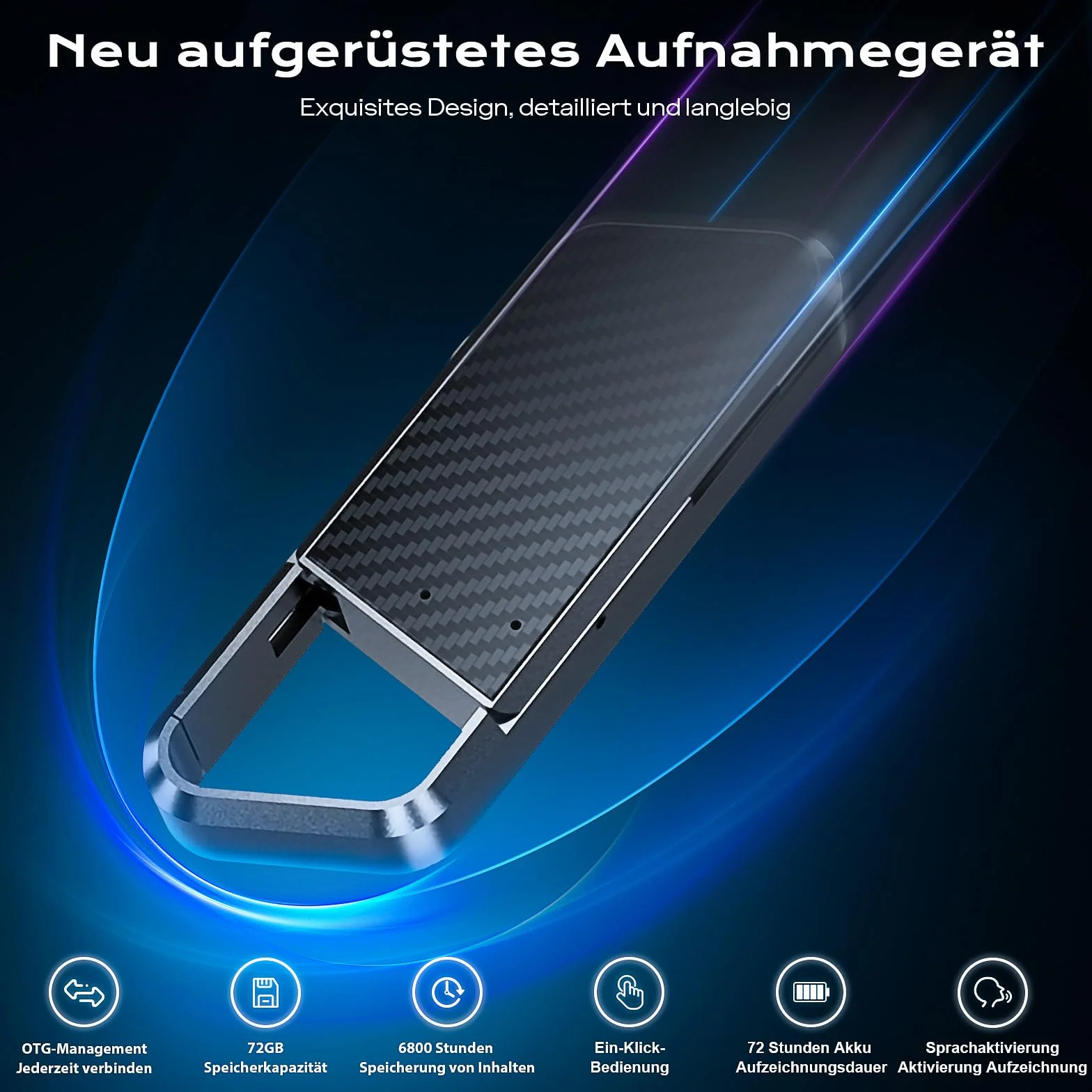 72GB Diktiergerät mit Spracherkennung –Aufnahmegerät, Mobile Rekorder mit DSP5.0 OTG-fähig, 6800h Inhalte-Lange Aufnahmen Diktiergerät, Voice Recorder für Meeting/Interview/Vorlesungen