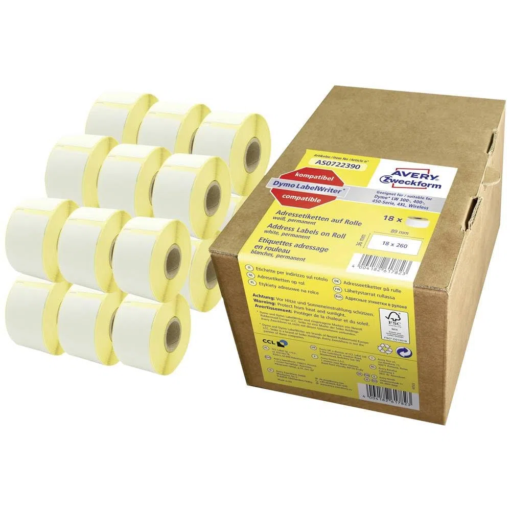 AVERY Zweckform AS0722390 Dymo LabelWriter Adressetiketten kompatibel zu S0722390 (36x89mm, 18 Rollen|4.680 Aufkleber, selbstklebend, für LW Dymo Etikettendrucker/Beschriftungsgerät/Etikettenband)