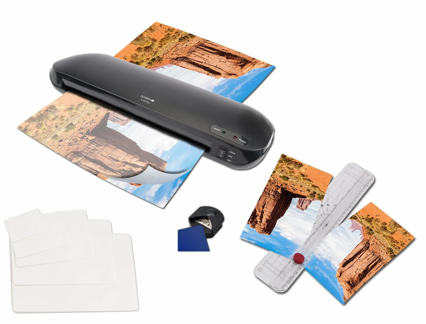 Olympia Premium 4 in 1 Laminierset DIN A3 Laminiergerät A 330 Plus mit Trimmer, Folien und Eckenrunder und 100 gemischten Folien von Din A4 bis Visitenkartengröße