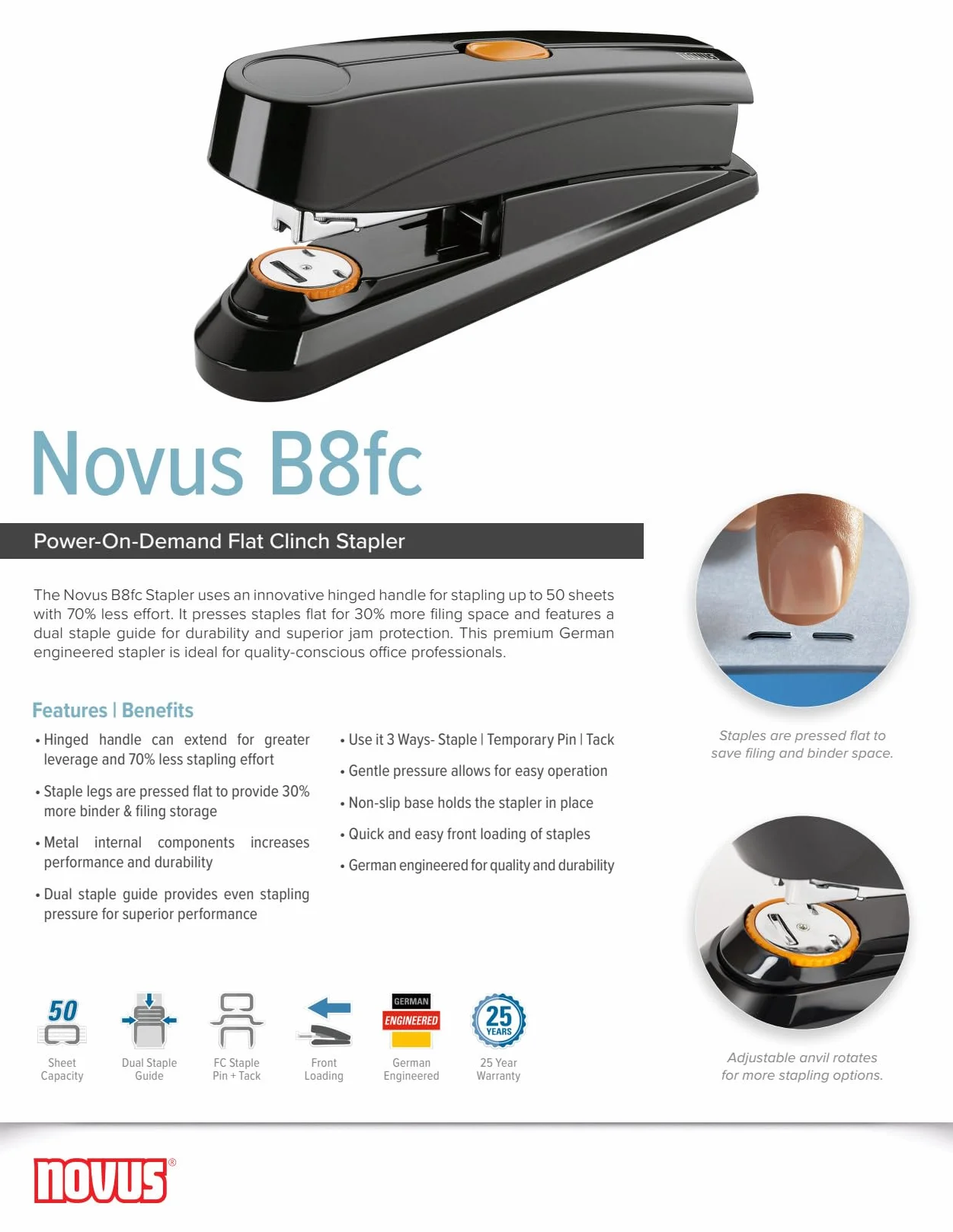 Novus B 8 FC Heftgerät (50 Blatt, Flachheftung, Hebelfunktion, inkl. 1000 Heftklammern) schwarz