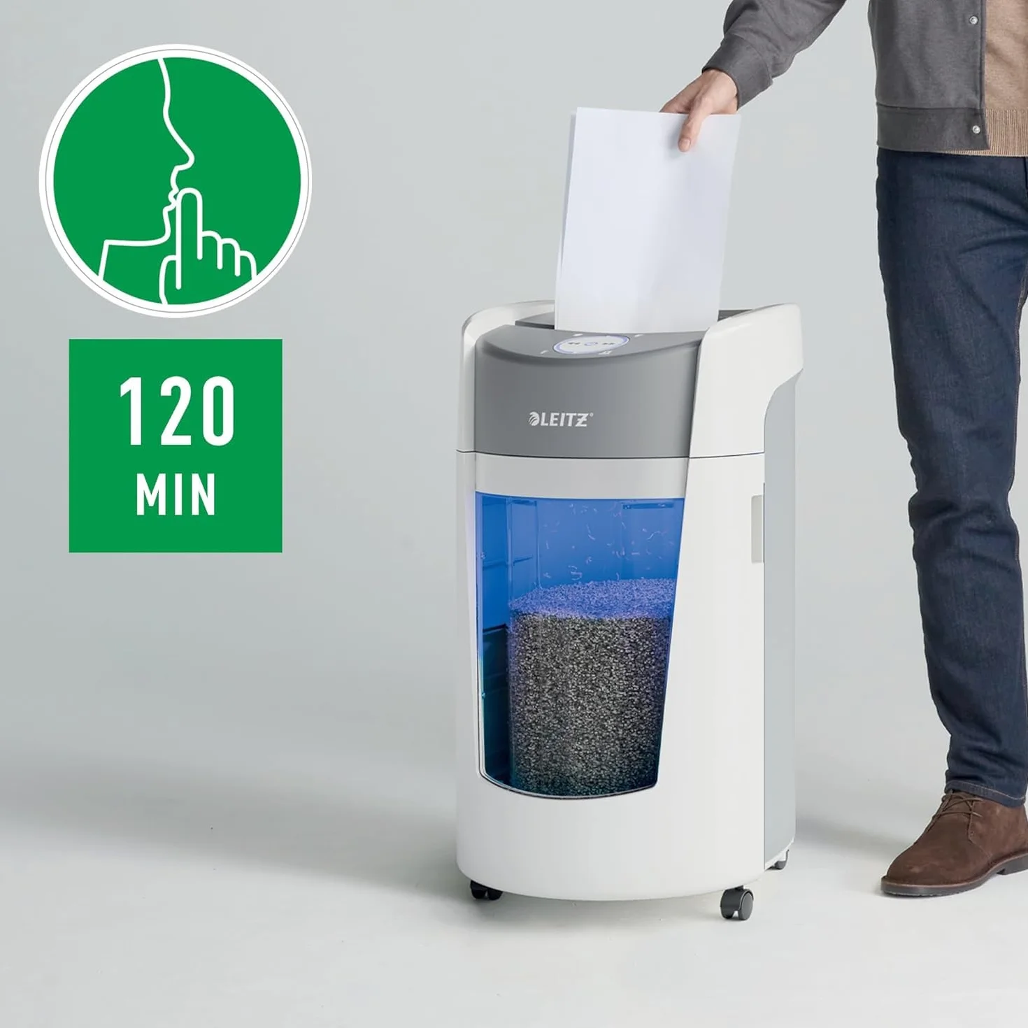 Leitz IQ Optimax Office 550 P5 Aktenvernichter, Mikroschnitt, Einzigartige Behälterrotation, 33% mehr Behälterkapazität, 550xA4 (35l-Behälter), 12-10 Blatt (70-80 g/m²), 120 Min Laufzeit, 83600000