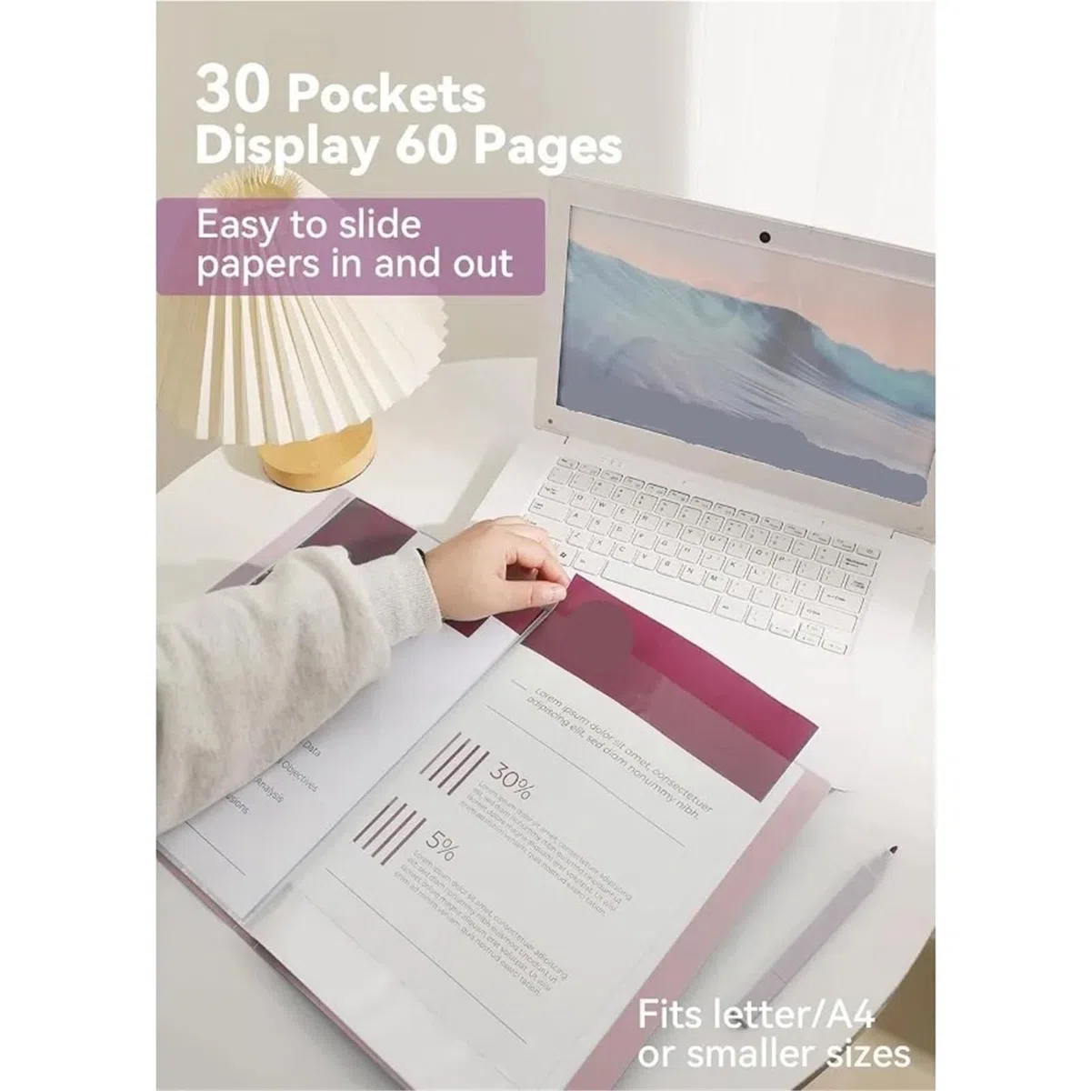2 Pastell-Ordner mit durchsichtigen Kunststoffhüllen, 30 Taschen, 60 Seiten, Portfolio-Präsentationsordner for Dokumente, Rezepte für Dokumente, Urkunden