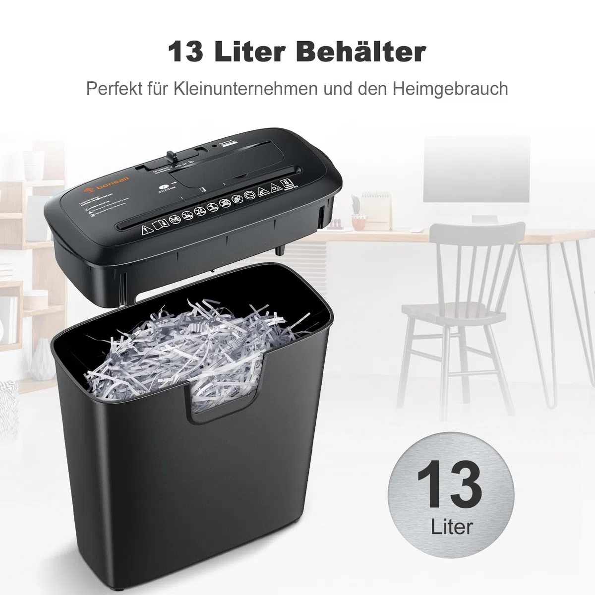 Bonsaii Aktenvernichter, 8-Blatt Streifenschnitt Papierschredder für Home Office, CD/Kreditkarten Schredder mit Überhitzungsschutz, Reißwolf, 13 Liter Papierkorb (S120-C)