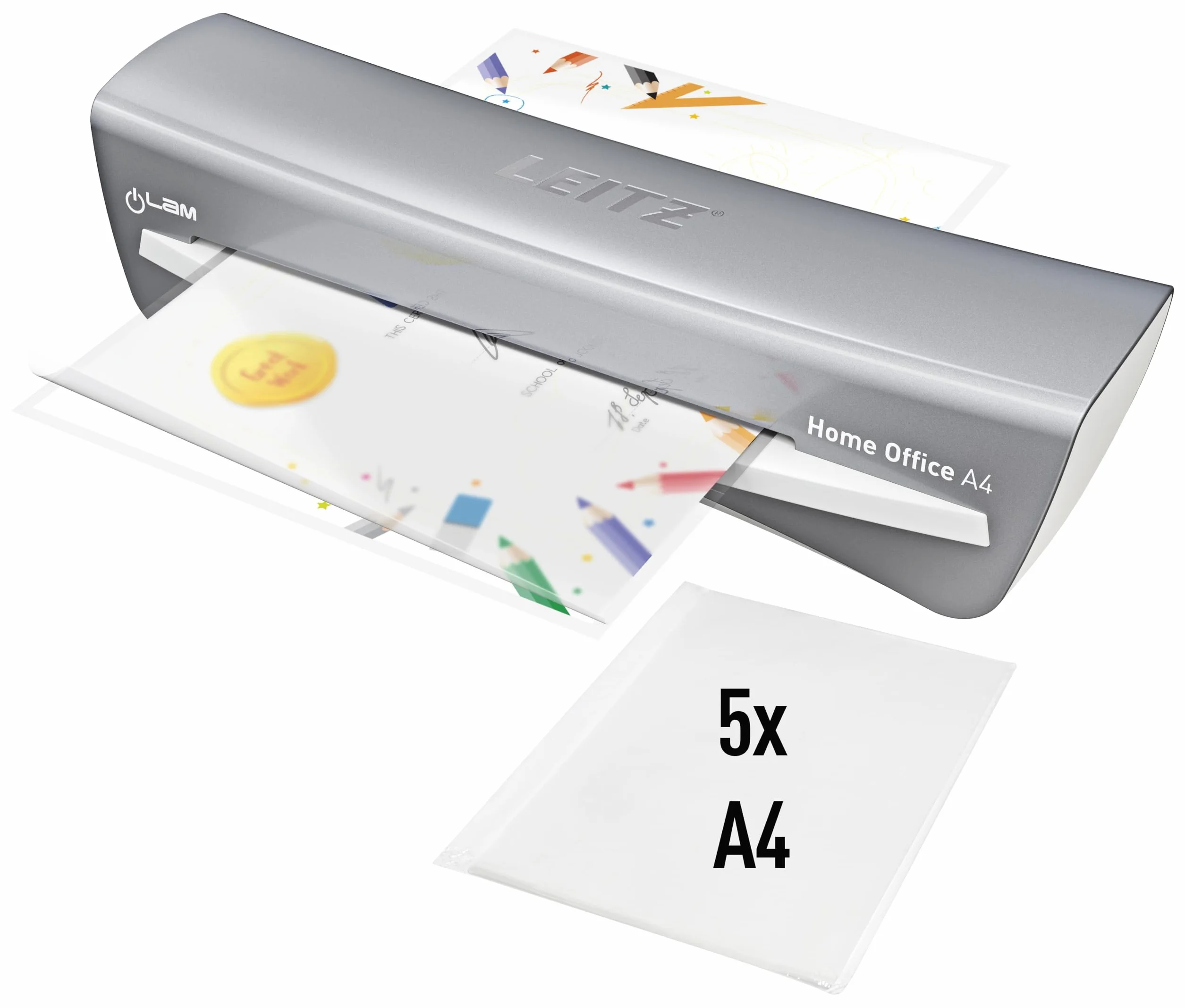 Leitz iLAM A4 Laminiergerät, sehr kurze Aufwärmzeit von 2 Min, 75-125 mic, Smart LED Status, Anti-Stau, Auto-Abschaltung, inkl 5x A4-Laminierfolien, Für Home Office und Büro, Silber und Weiß, 73680089